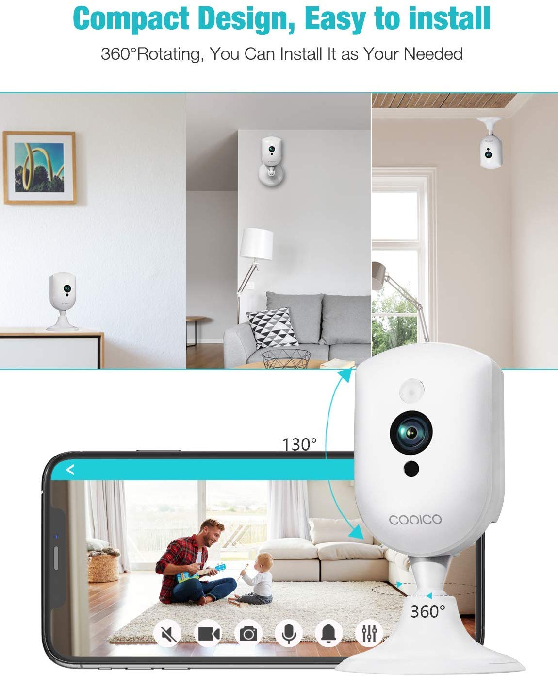 Baby Monitor, Conico 1080P Home Security Indoor Camera with Sound Motion Detection IR Night Vision, Pet Camera with 2- Way Audio 8X Zoom, WiFi Camera Cloud Service Compatible with Alexa