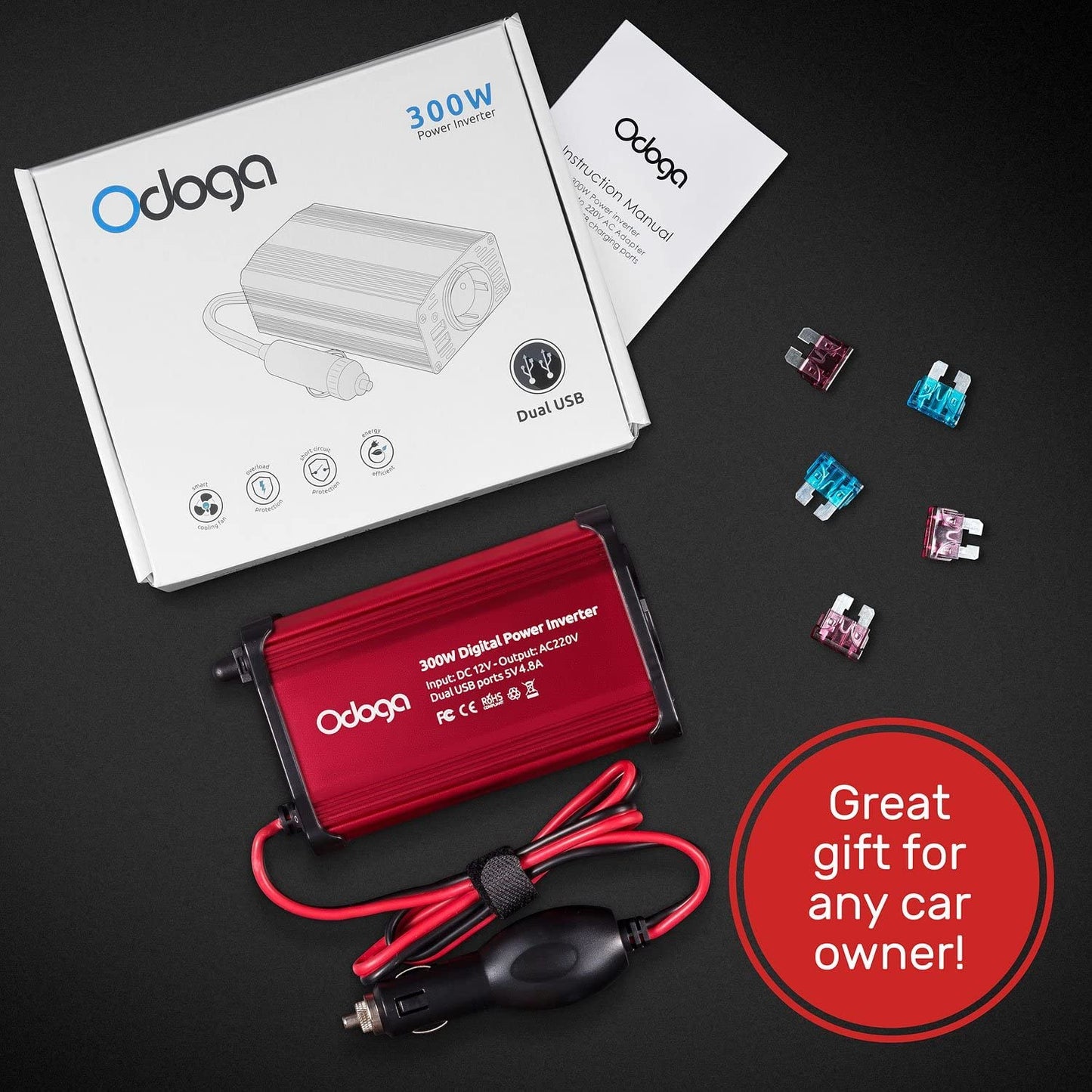 Odoga 300W Car Power Inverter 12V to 240V / 230V Converter, Dual USB 4.8A Charging Ports - Charge Your Laptop, iPad, iPhone, Tablet, Consoles & More - Durable and Powerful - Red Aluminum Body