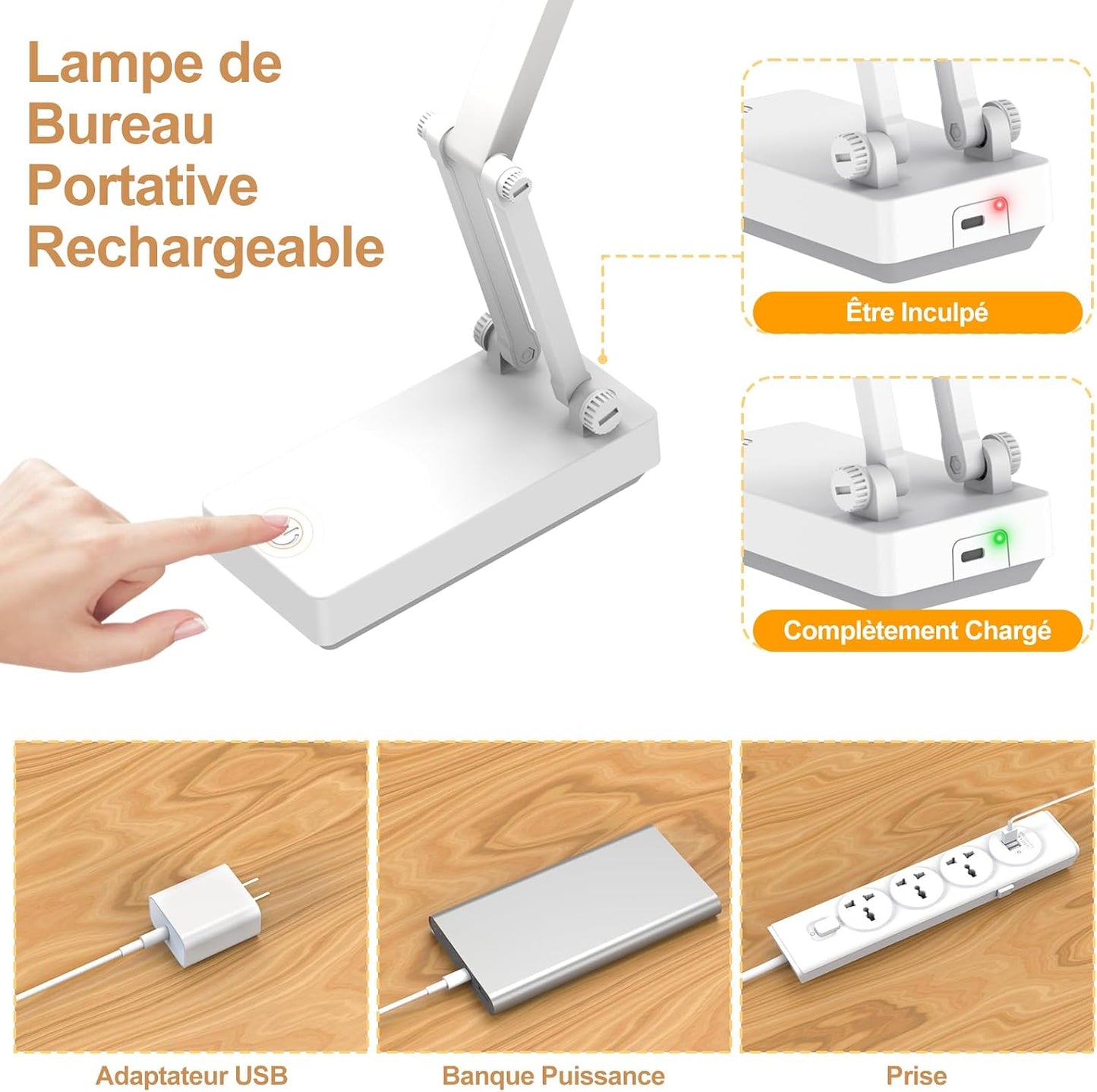 Desk Lamp, Wireless Table Lamp, Portable & Foldable Lamp, Bedside Lamp with 3 Brightness & Dimmable, Rechargeable LED Lamp, 2400 mAh for Bedroom, Reading, Office