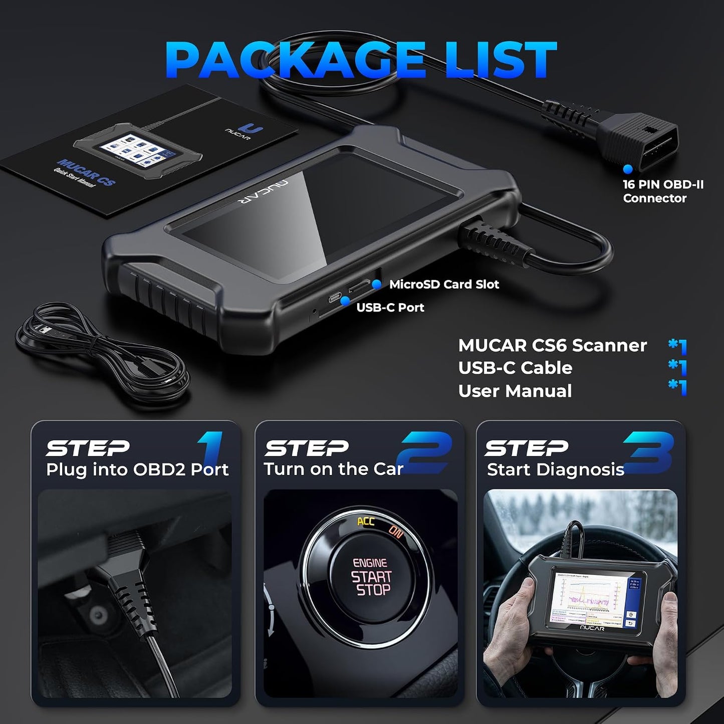 MUCAR CS6 OBD2 Scanner Diagnostic Tool, Engine Transmission BCM Car Scanner, ABS Code Reader, SRS TPMS Scan Tool, 7 Reset Service, Oil/EPB/SAS/TPMS/DPF/Throttle/ABS Bleed, Auto VIN, Free Update