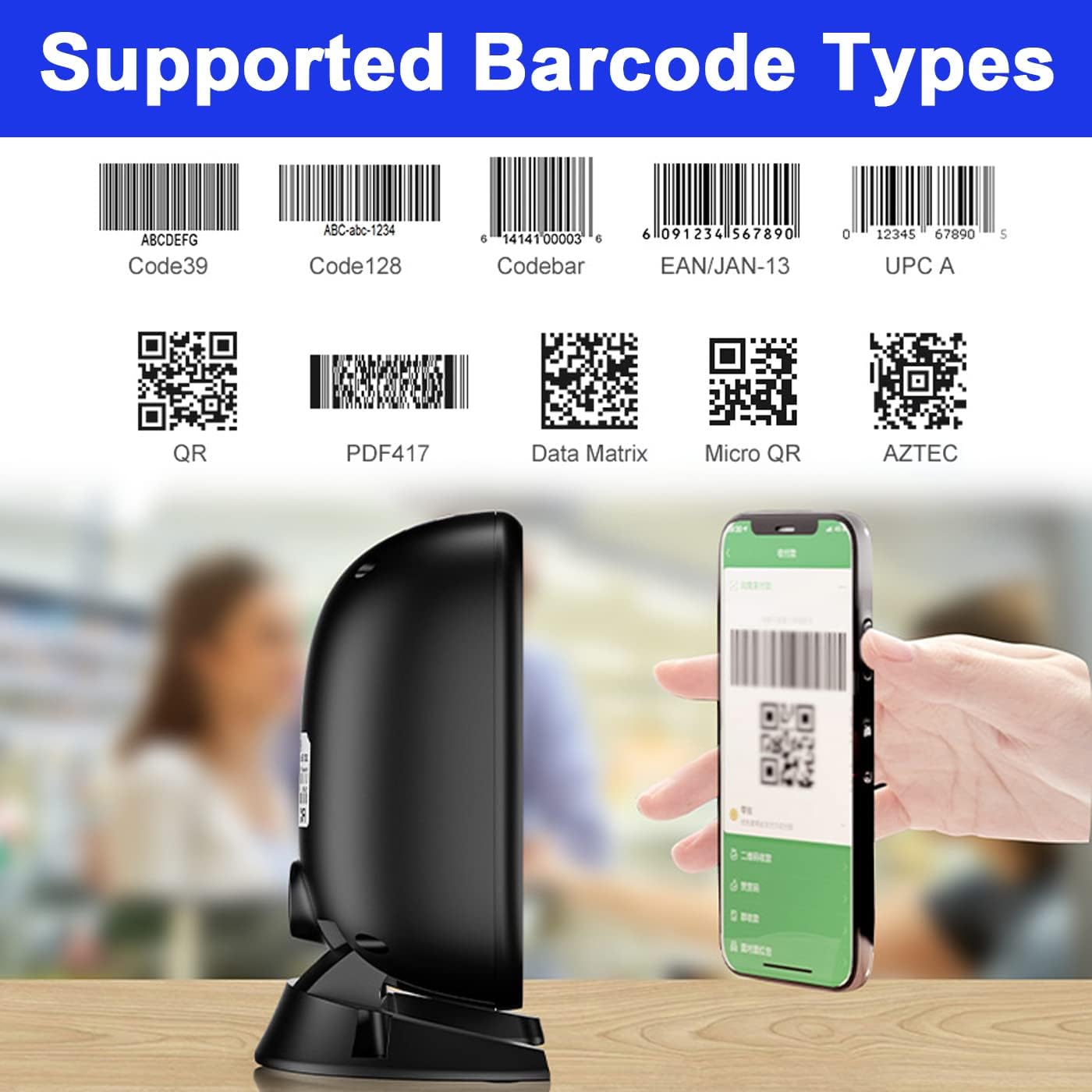 D2200 Desktop 2D Barcode Scanner Automatic QR Code Scanner Wired Bar Code Reader for POS System Supermarket (Orange)