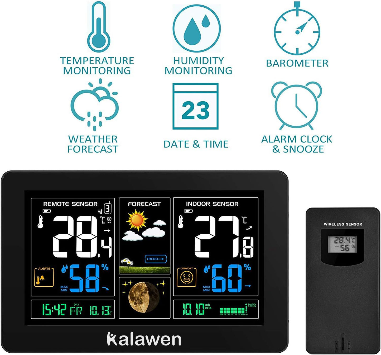 Kalawen Wireless Weather Station with Outdoor Sensor, Digital Colour Display, Wireless Weather Station, DCF Radio Clock, Multifunctional Weather Station, Thermometer, Hygrometer, Indoor and Outdoor LCD Display with Weather Forecast