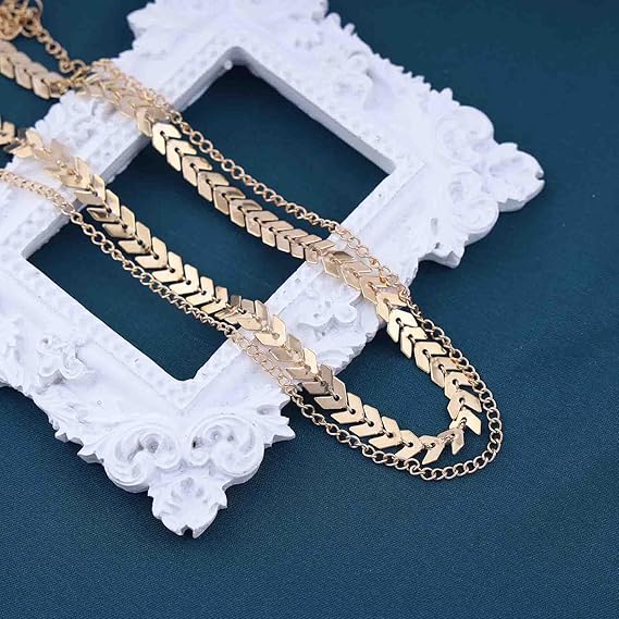 Dervivea Boho Layered Fishbone Chain Necklace Gold Fish Bone Choker Necklace Double Layer Thin Chain Necklace Chevron Necklace Jewelry for Women and Girls