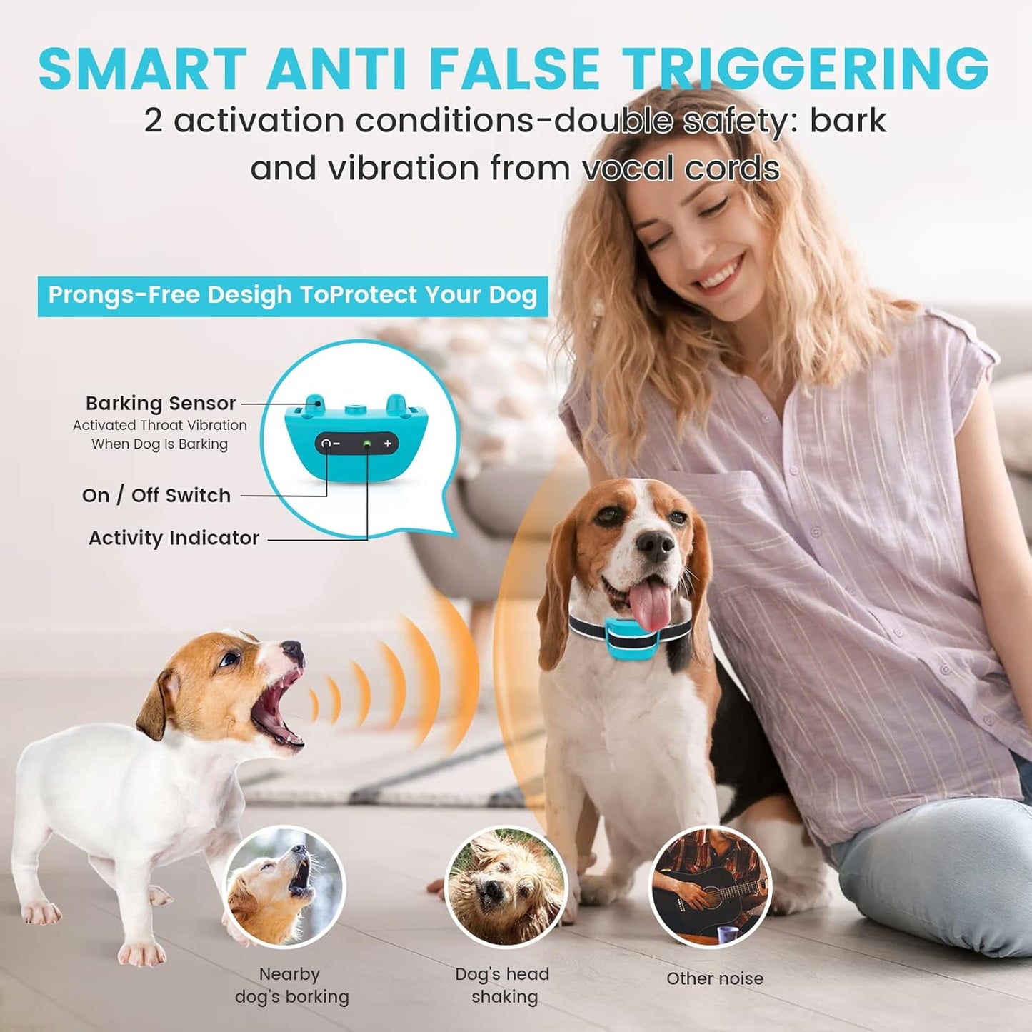 MASBRILL Small Dog Bark Collar, No Shock Anti Barking Collar for Small Dogs Small Most Humane Stop Barking Collar Rechargeable Bark Collar with 7 Sensitivity and Intensity Beep Vibration (Blue)