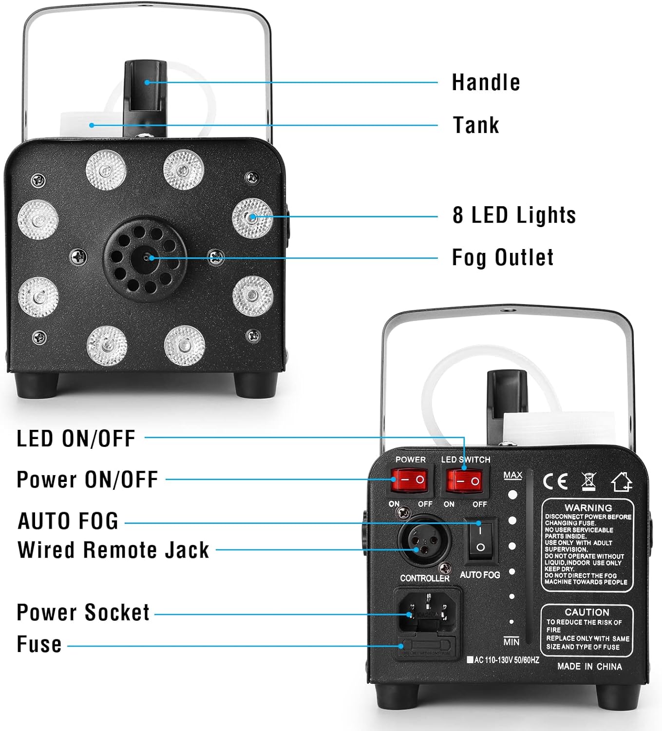 Like A New Fog Machine, HAKUTA Automatic Spray Smoke Machine with 8 LED Lights and 13 Colorful LED Lighting Effects, 500W and 2000CFM Fog LED Fog Machine, Perfect for Wedding, Christmas, Halloween, Performance