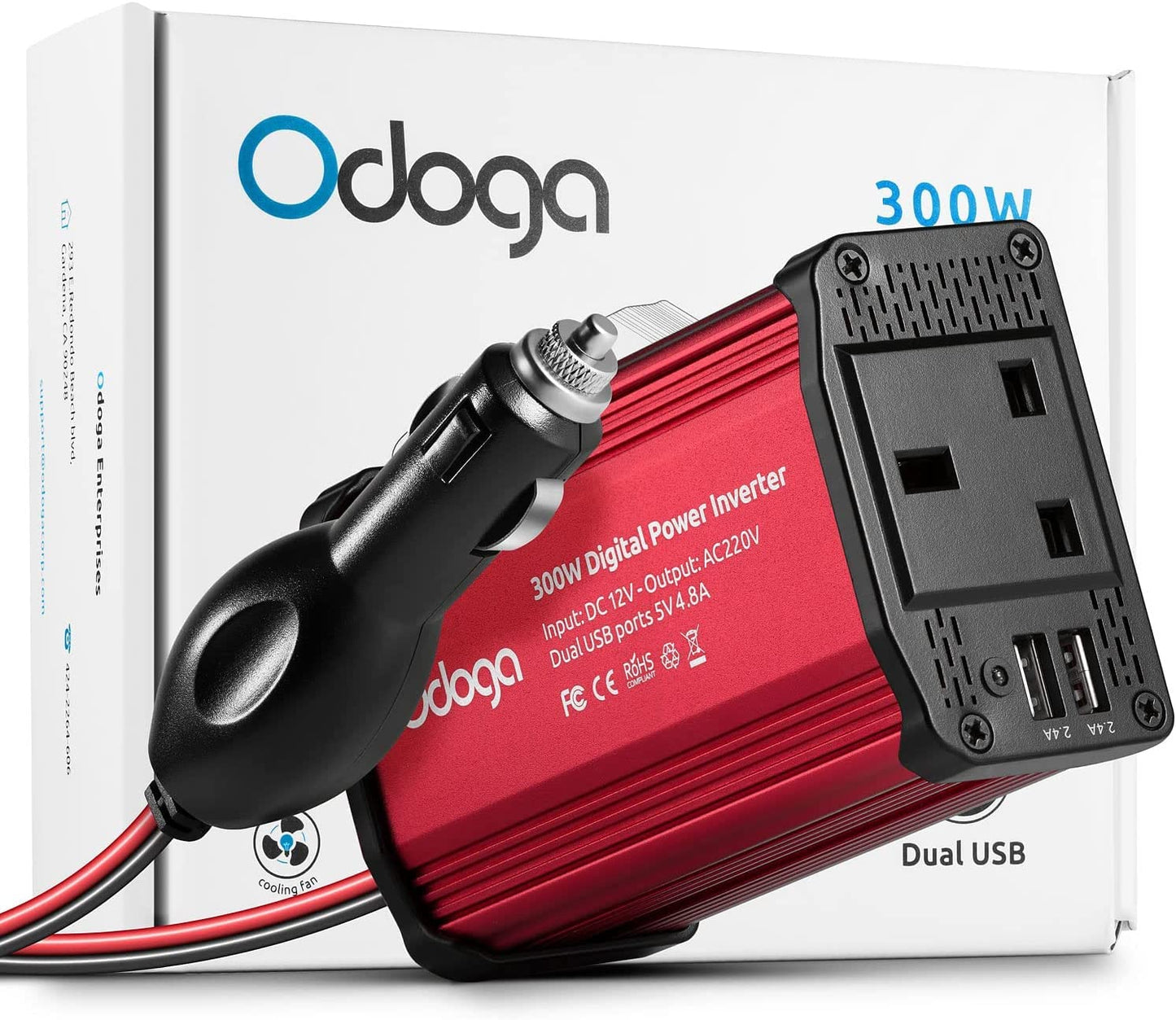 Odoga 300W Car Power Inverter 12V to 240V / 230V Converter, Dual USB 4.8A Charging Ports - Charge Your Laptop, iPad, iPhone, Tablet, Consoles & More - Durable and Powerful - Red Aluminum Body