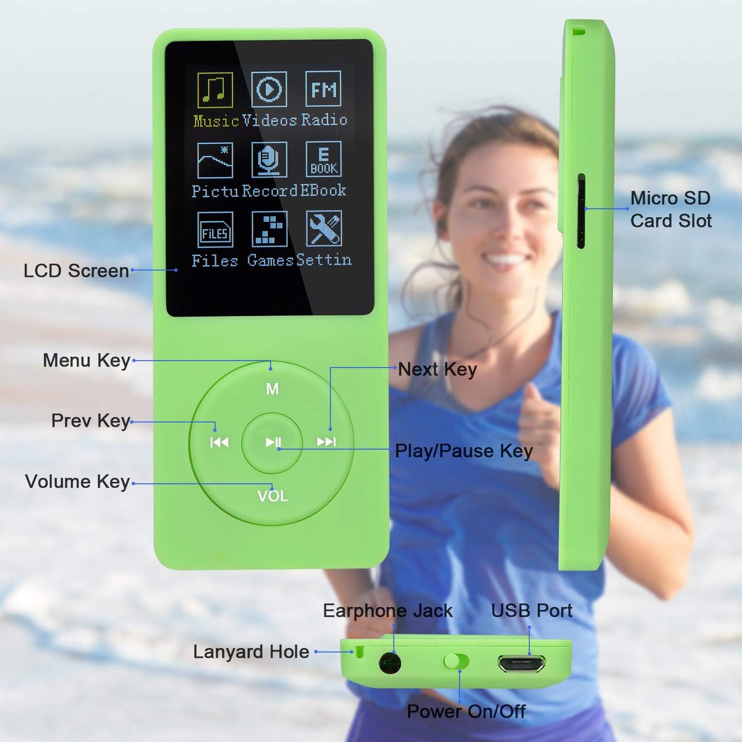 COVVY Slim Music Player 8GB Portable Lossless Sound Quality Mp3 70 Hours Screen Up to 64GB (Green)