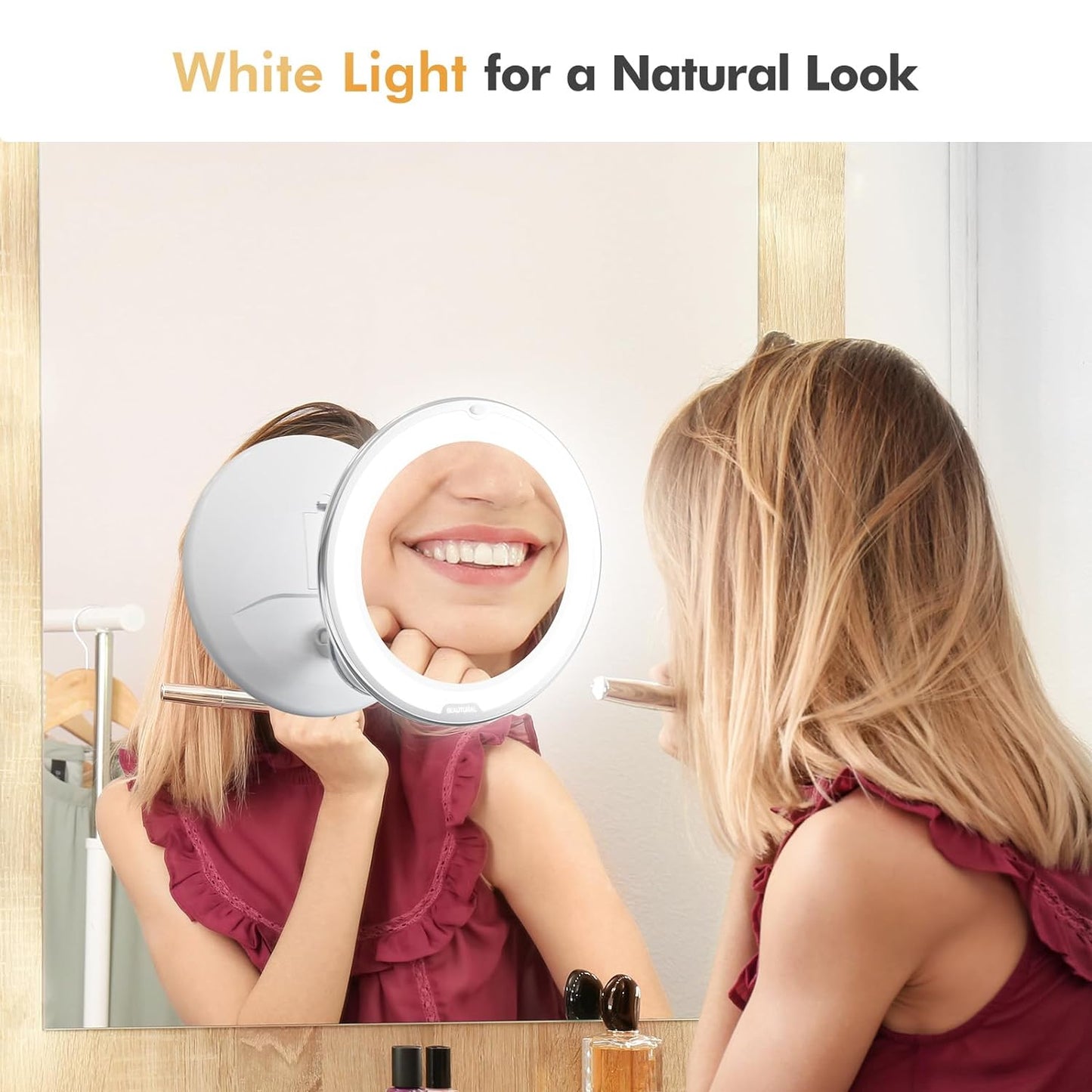 Beautural Makeup Mirror, 10X Magnifying Lighted Vanity Daylight White LED, Portable Illuminated Bathroom Mirror, 360 Degree Swivel Rotation and Locking Suction, framed, ?Round, Wall Mount