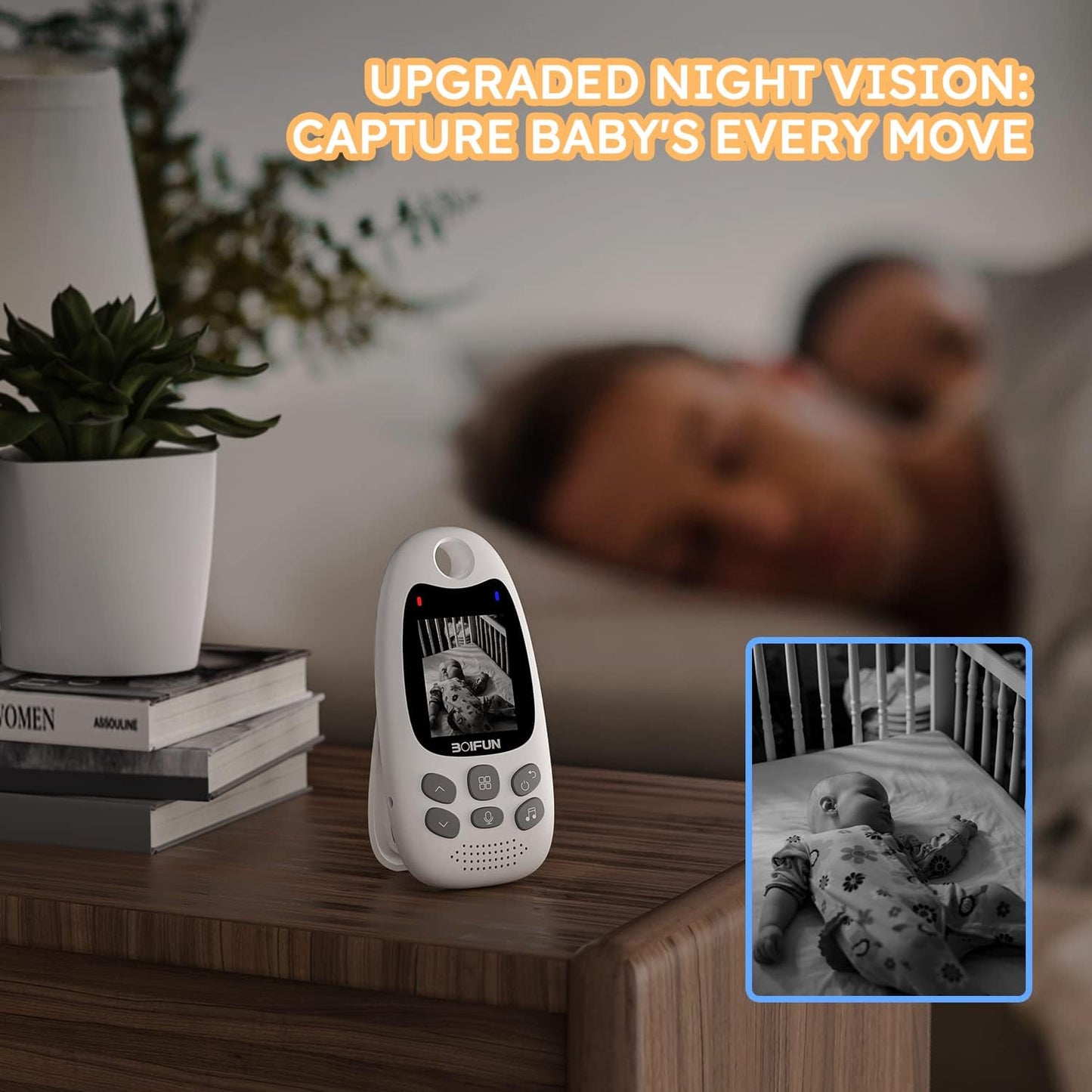 BOIFUN Baby Monitor, Portable Wireless Video Baby Camera, Rechargeable Battery, Night Vision, Two-way Talk, 8 Lullabies, VOX Mode, Feeding Reminder, Smart Temperature, 2-inch Screen Baby/Elder/Pet