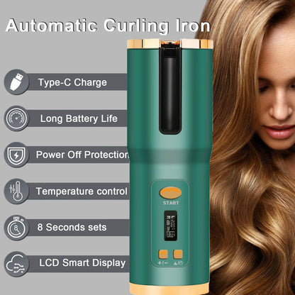 Lanboo Hair Curler, Cordless Hair Curlers for Long Hair, Wireless Automatic Curling Iron Restriction with Built-in 5000mAh Rechargeable Battery, Portable, for Home Travel etc (Green)