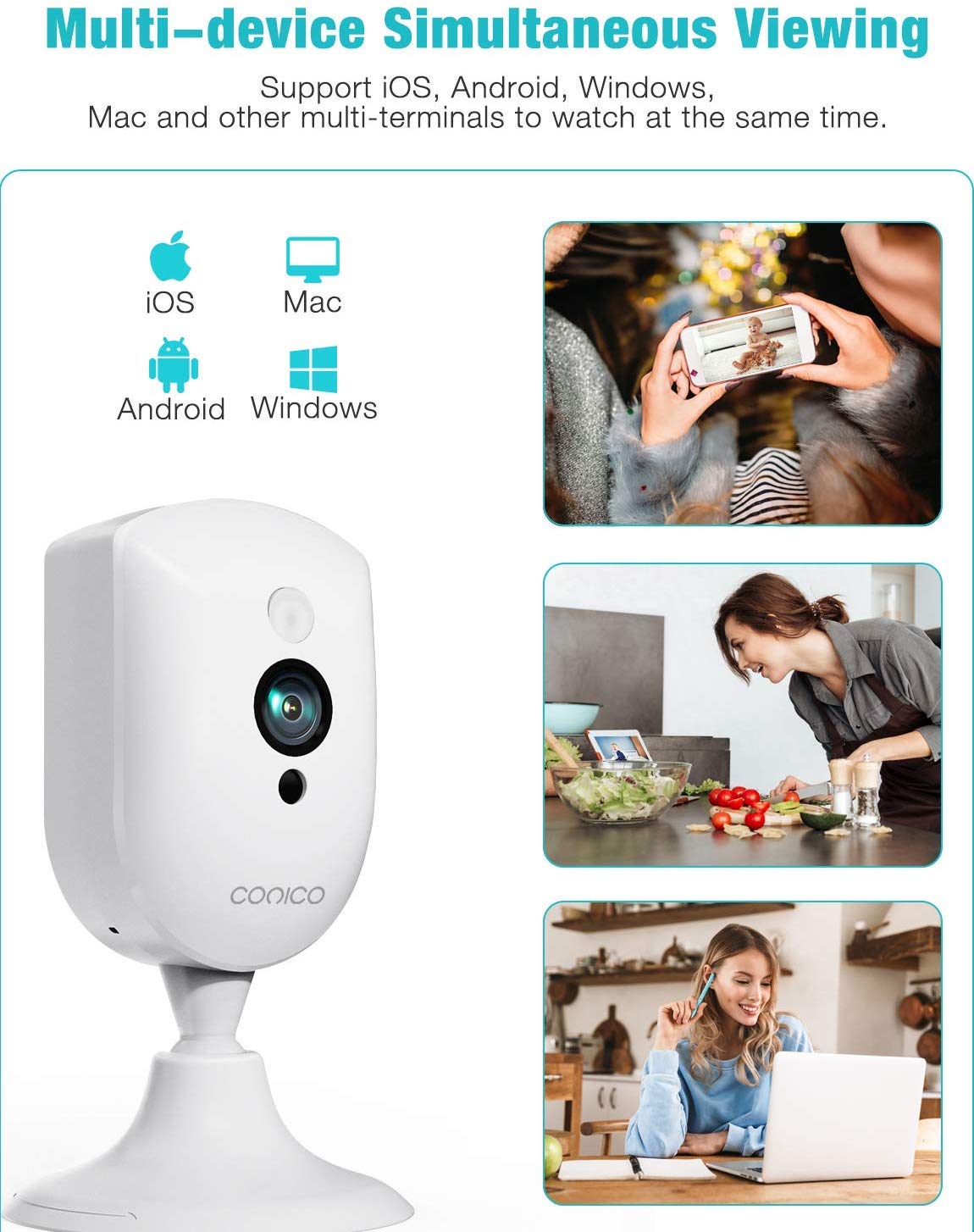 Baby Monitor, Conico 1080P Home Security Indoor Camera with Sound Motion Detection IR Night Vision, Pet Camera with 2- Way Audio 8X Zoom, WiFi Camera Cloud Service Compatible with Alexa