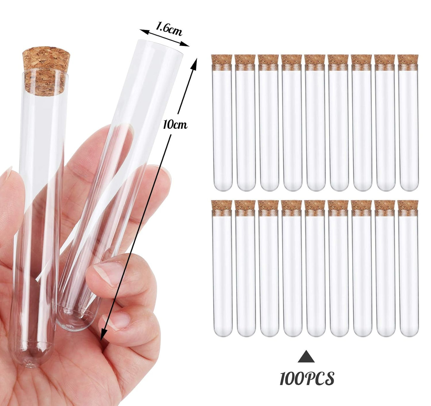 100 Pcs Plastic Test Tubes with Cork Stoppers 16ml,Clear Test Bottle Transparent Sealing 100pcs Elevator+20m hemp rope+2pcs Funnel,for DIY Craft Spices Liquids Candy