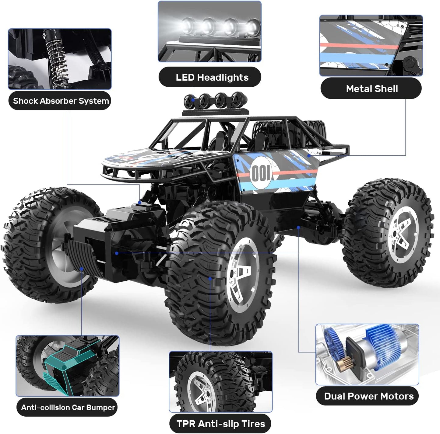 DEERC DE45 1:14 Remote Control Truck, RC Car Toy Rock Crawler, 4WD Off Road Monster Truck with Metal Shell Dual Motors LED Headlight 90 Min Play