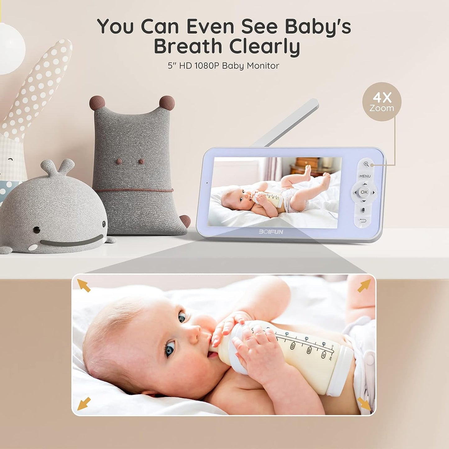 Boifun 5" Baby Monitor, 1080p Wifi Baby Monitor Via Android/IOS App Control, Video Record & Playback, Sound & Temperature Sensor Detection, Night Vision, 2-Way Talk, Baby Monitor With Camera And Audio