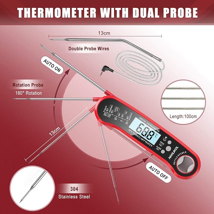 NIXIUKOL 2 in 1 Digital Cooking Thermometer, IP67 Waterproof Meat Thermometer with Instant Read, Temperature Alarm, Backlight LCD, Food Thermometer Perfect for Kitchen BBQ Grill Oven Milk