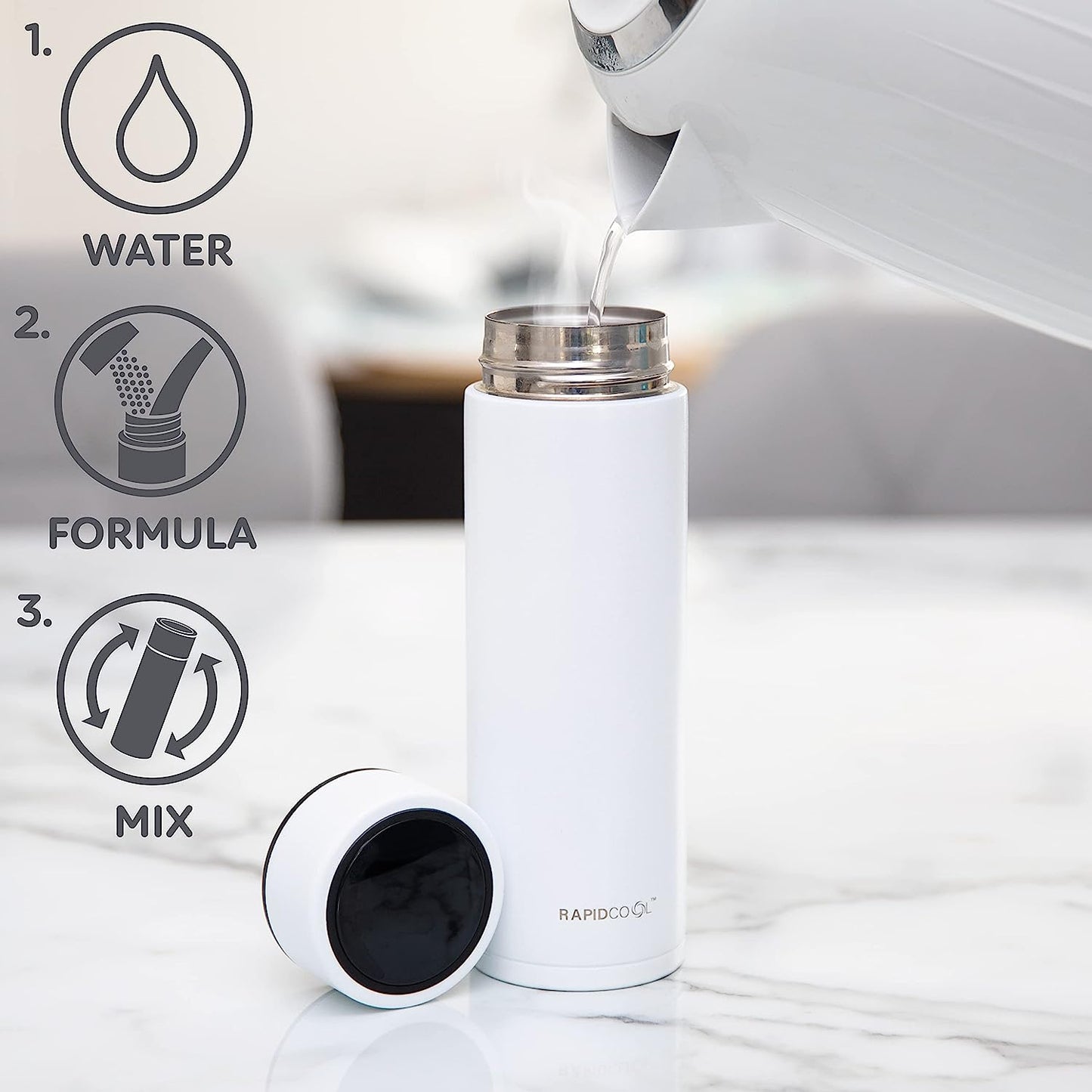 Nuby RapidCool Portable Baby Bottle Maker, Prepare A Formula Feed in Just 2 Minutes, Ideal for Travel Bottles and Night Feeds. Includes Milk Powder Dispenser and Digital Lid. No Filter Needed.