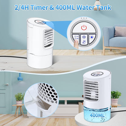 Mobile Air Conditioner, Mini Personal Air Conditioner, 4 in 1 Air Cooler, Fan, Evaporative Cooler, Humidifier, Air Cooler, Portable 3 Wind Speeds and 7 LED Colours (White)
