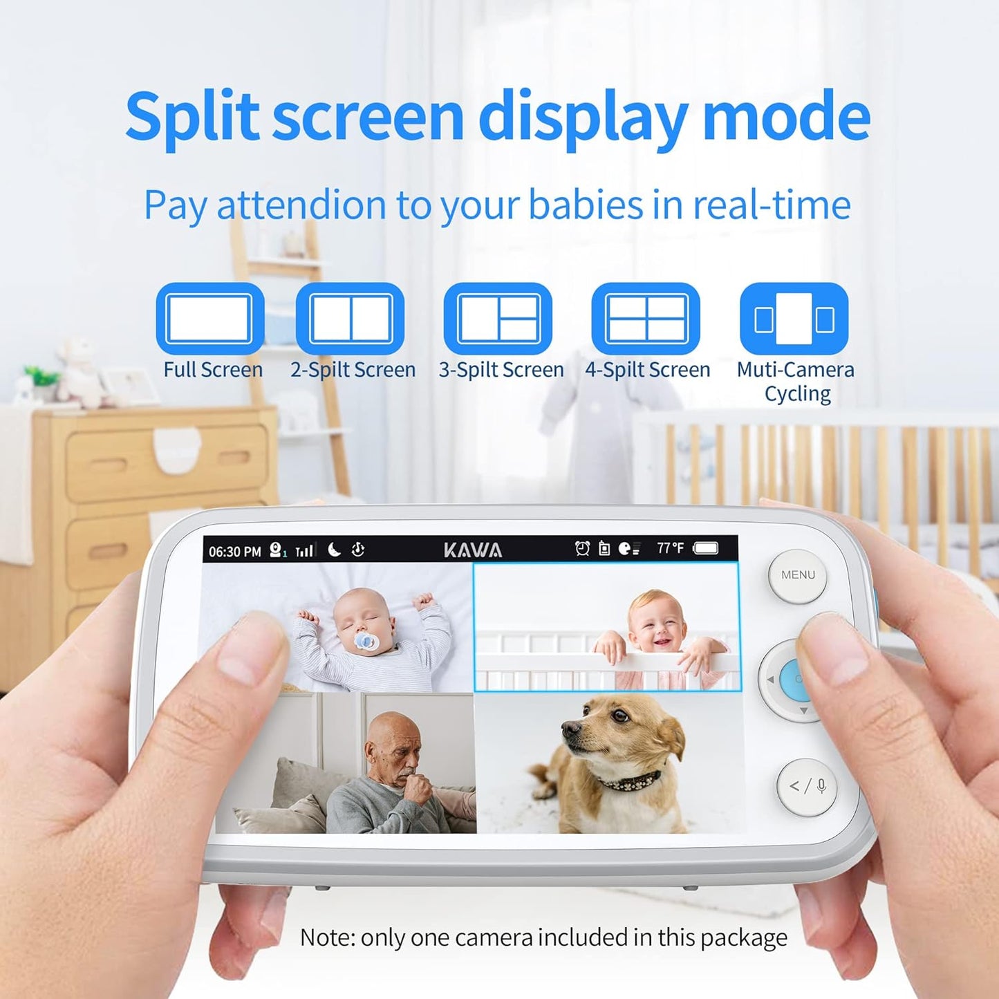 Baby Monitor, KAWA Video Baby Monitor with Camera and Audio, 5" 720P HD Display, No WiFi, Spilt Screen, Night Vision, 2-Way Talk, Temperature Sensor, 20Hrs Battery, Lullabies, 1000ft Range S6