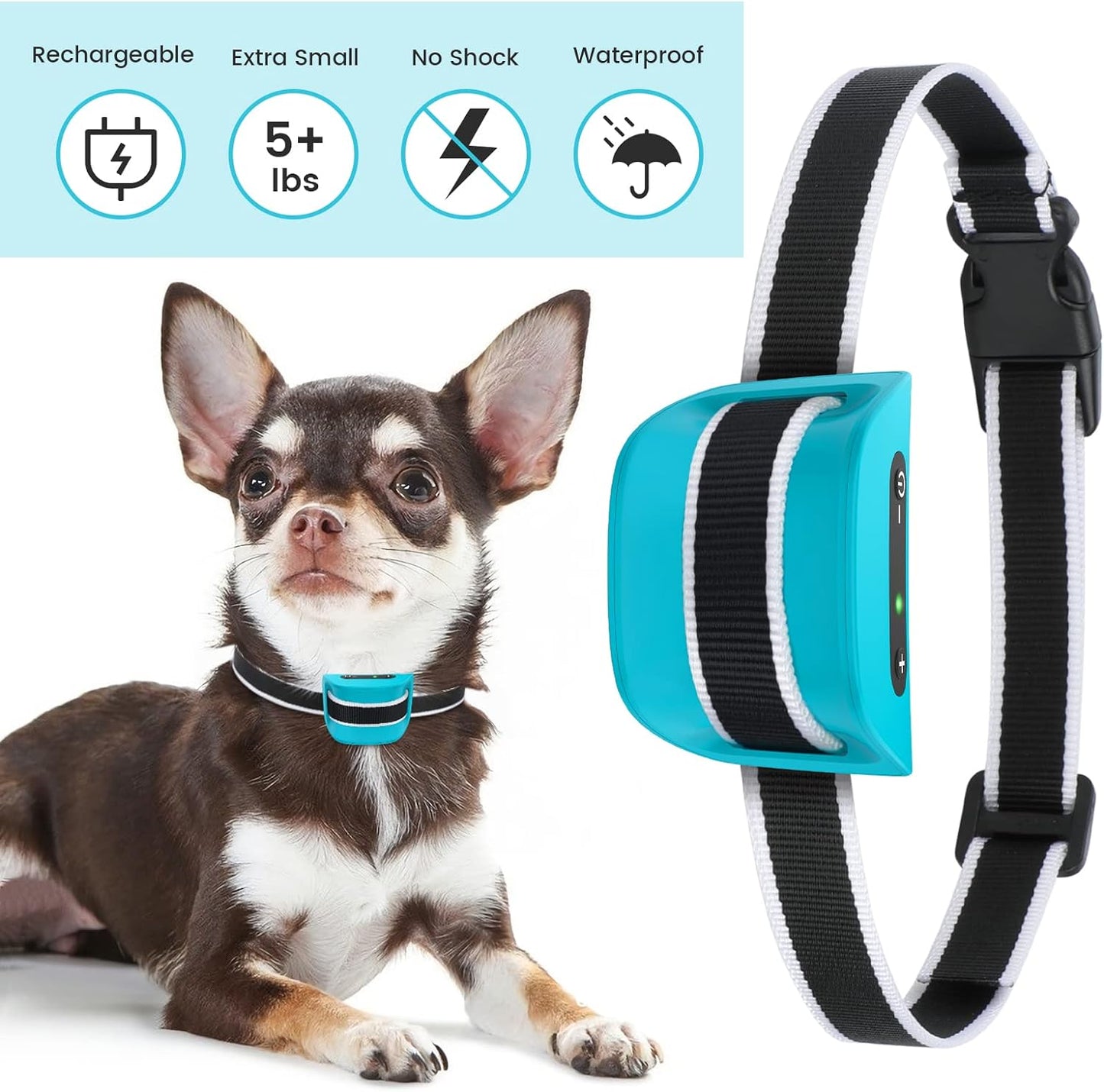 MASBRILL Small Dog Bark Collar, No Shock Anti Barking Collar for Small Dogs Small Most Humane Stop Barking Collar Rechargeable Bark Collar with 7 Sensitivity and Intensity Beep Vibration (Blue)