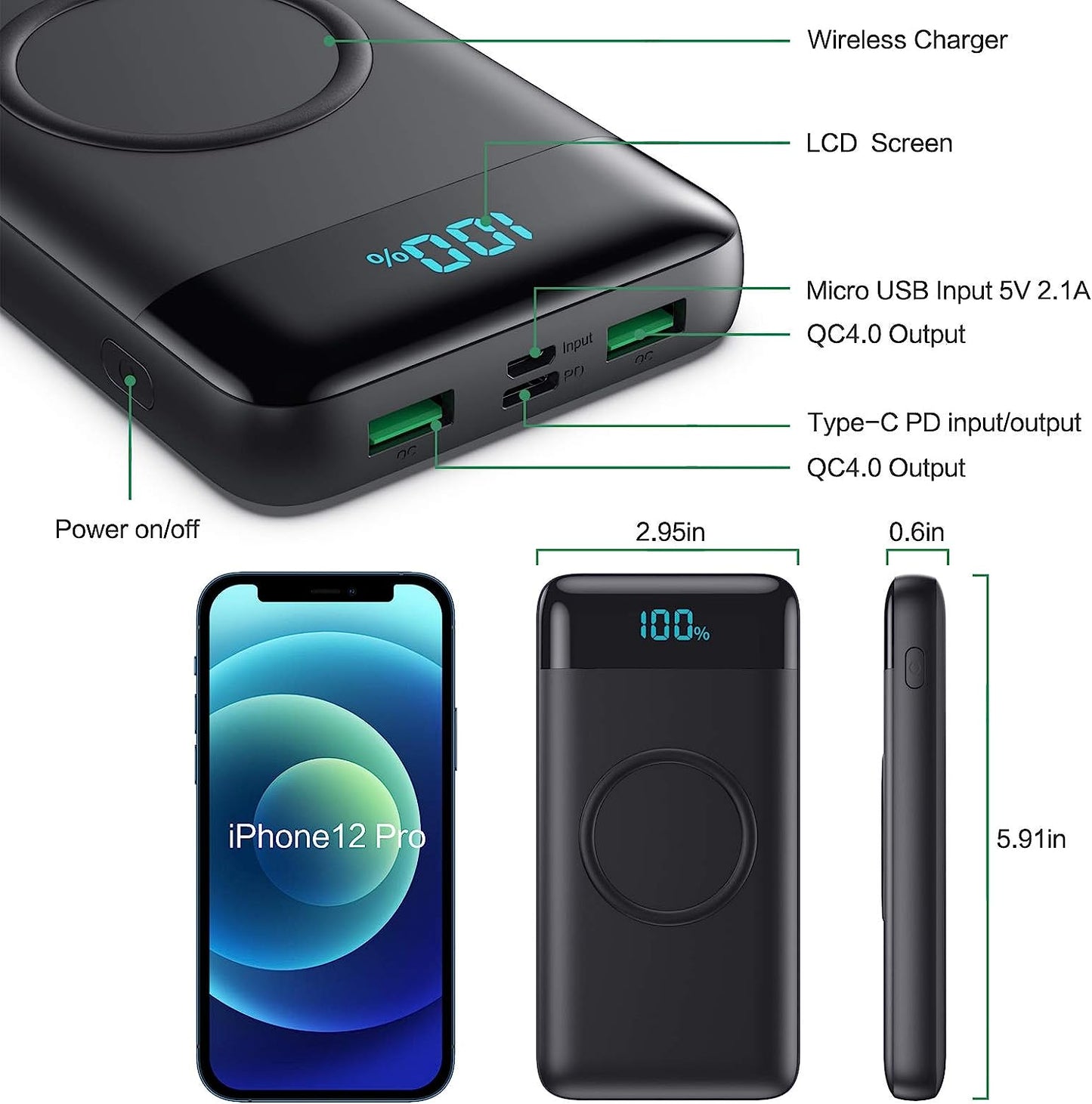 Trswyop Wireless Power Bank 26800mAh -【15W Wireless Charging+25W PD Fast Charging】Portable Charger QC 4.0 External Battery Pack with 4 Outputs & 2 Inputs for iPhone 13 12 Samsung Huawei Xiaomi iPad