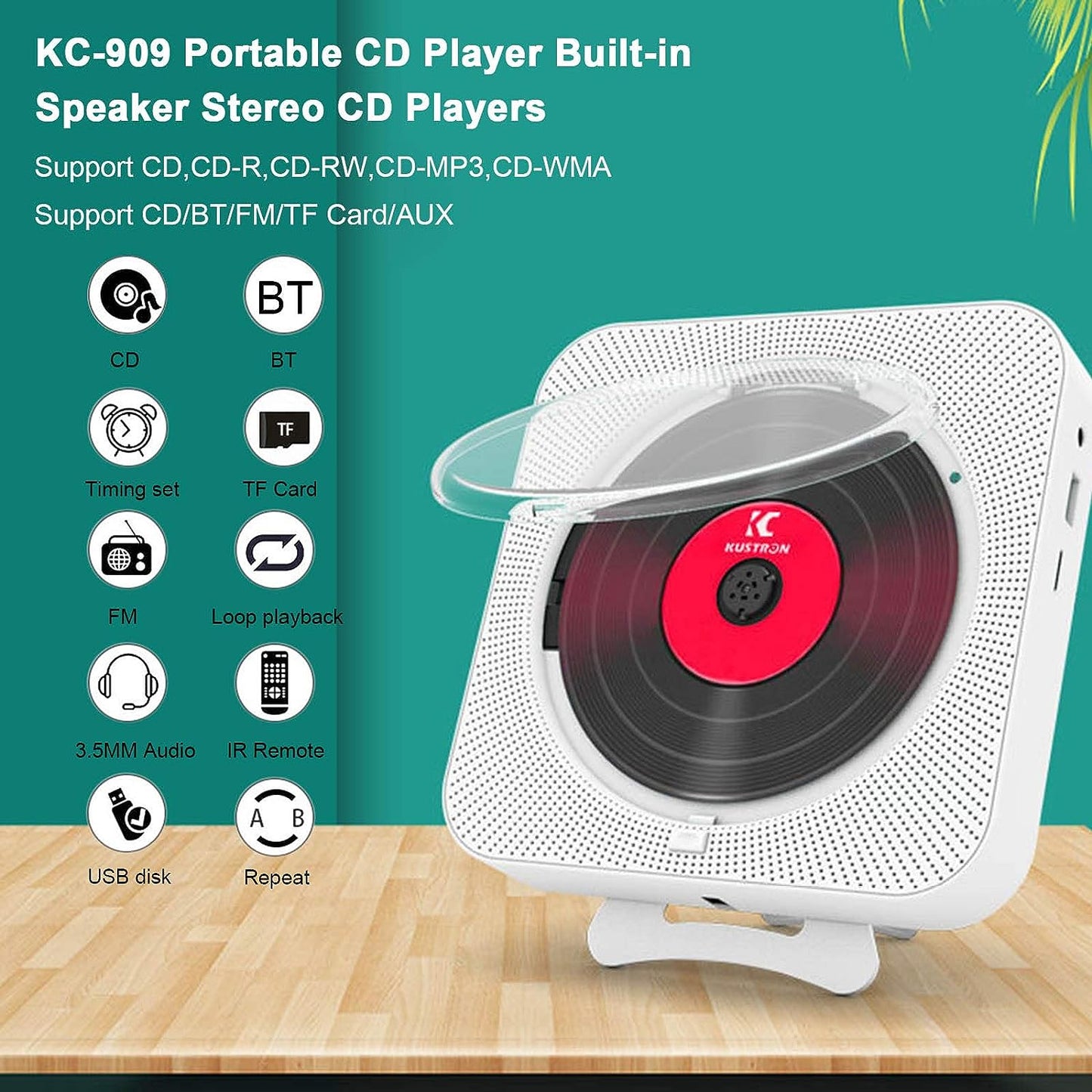 Skyeen KC-909 Portable CD Player Built-in Speaker Stereo CD Players with Double 3.5mm Headphones Jack LED Screen Wall Mountable CD Music Player with IR Remote Control Supports CD/BT/FM/TF Card/AUX