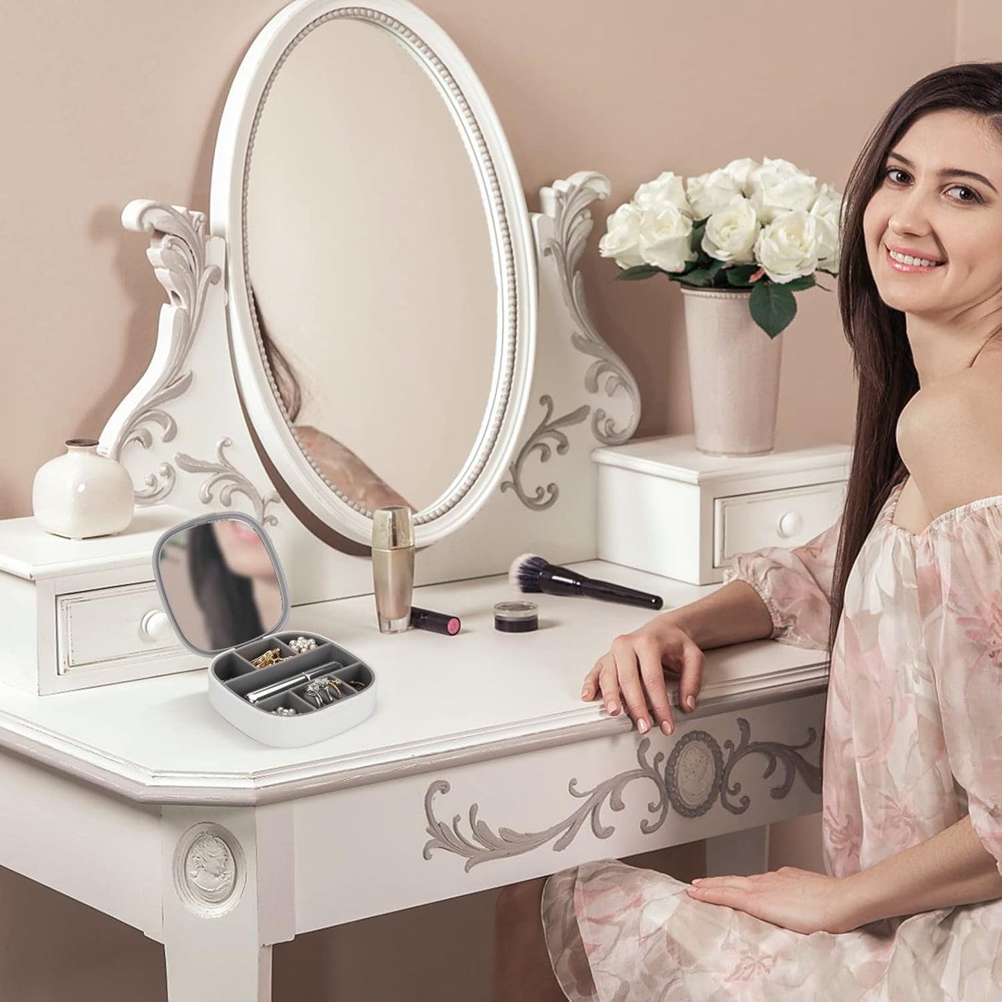 Portable Jewelry Organizer, Convenient Mini Travel Jewelry Box Makeup Mirror Tangle Proof Ring, Necklace, Earring Jewelry Storage Box
