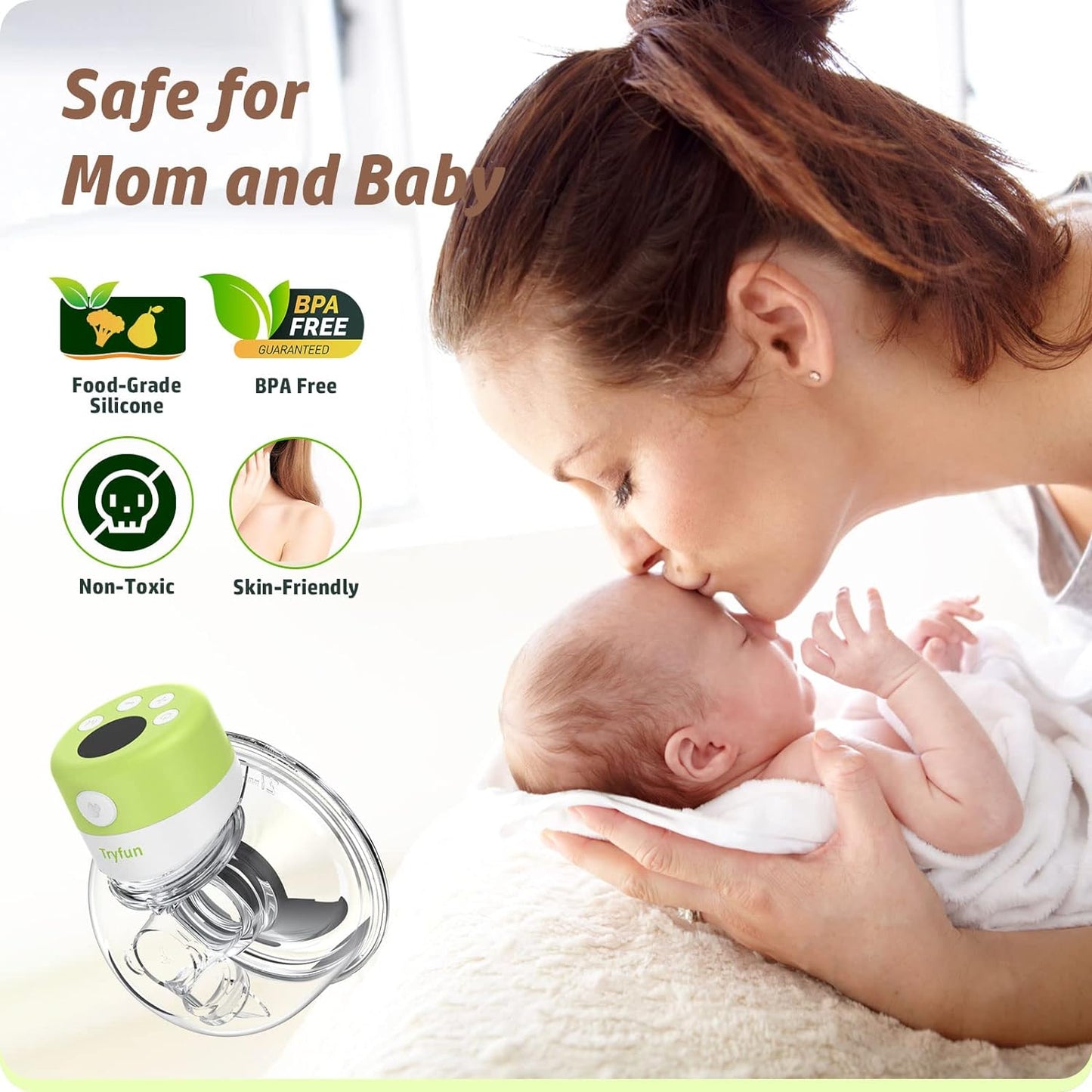 Tryfun Wearable Breast Pump, Electric Breastfeeding Pump with 2 Suction Modes & 9 Levels, Fast Pumping/Easy to Use & Wash/LCD Display/Low Noise Portable Breast Pumping, Wireless Hands Free Breast Pump