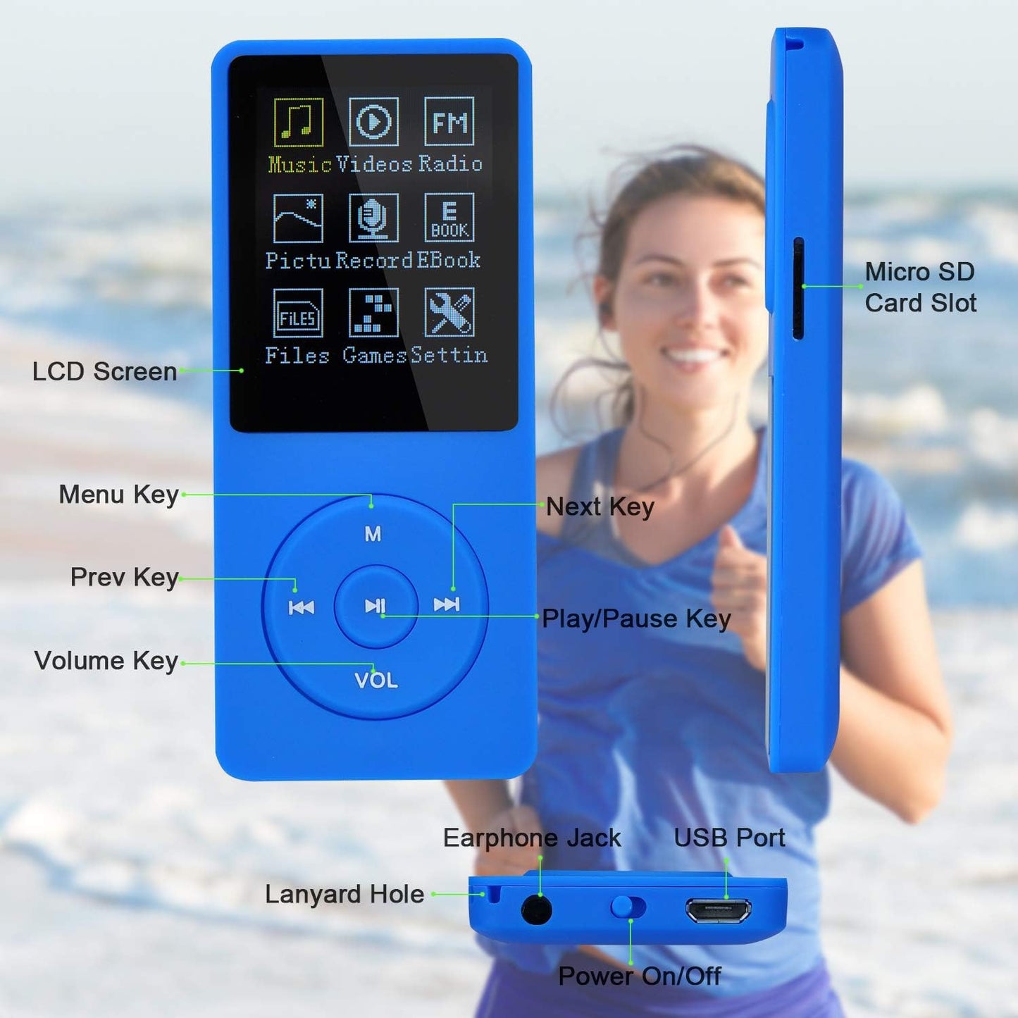 COVVY Slim Music Player 8GB Portable MP3 Player No Sound Lossless 70 Hours Display Support up to 64GB Navy Blue