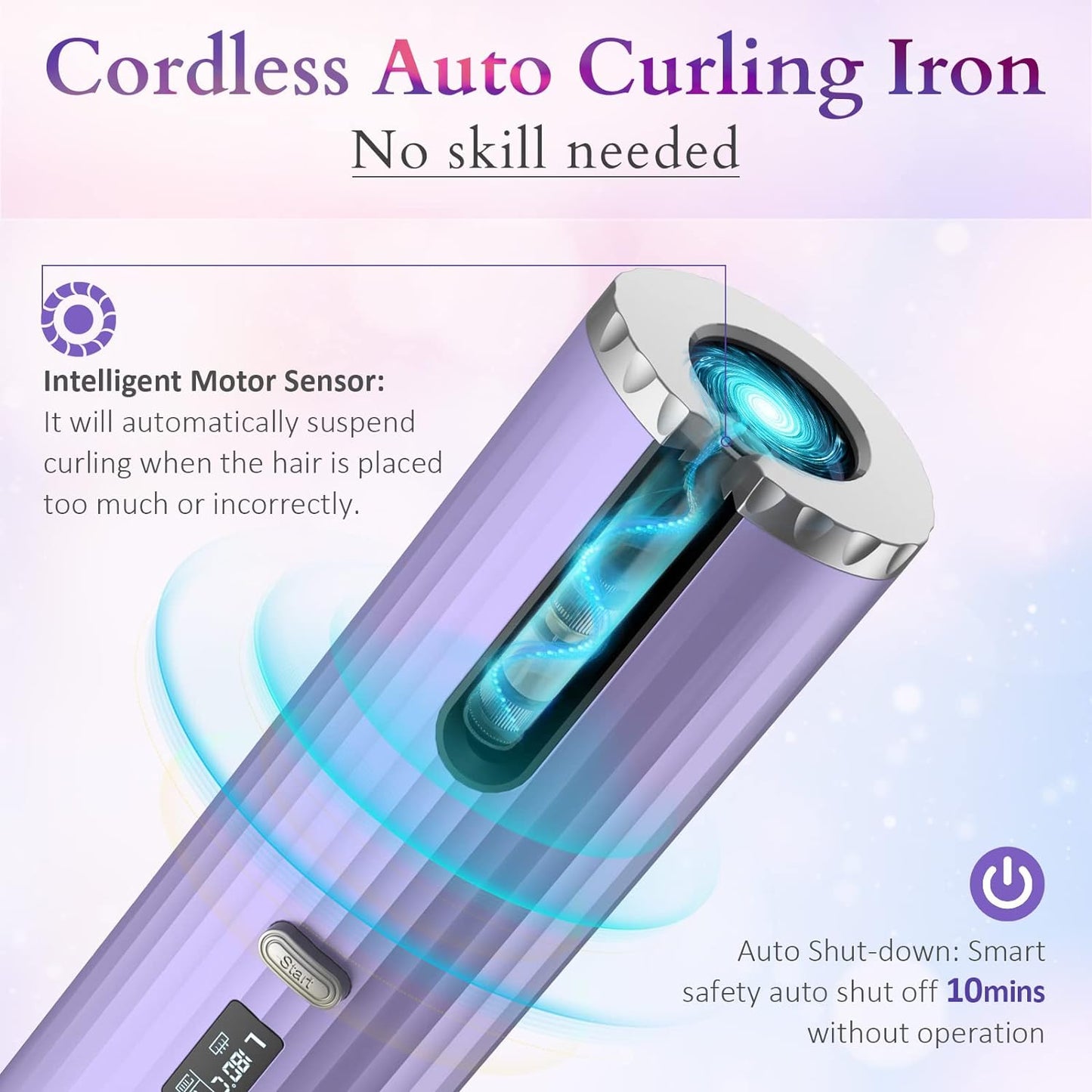 Hair Curler, Automatic Curling Iron with LCD Display, 6 Adjustable Temperature & Timer, Portable USB Rechargeable Rotating Ceramic Curling Wand Fast Heating for Long & Short Hair Home & Travel Use