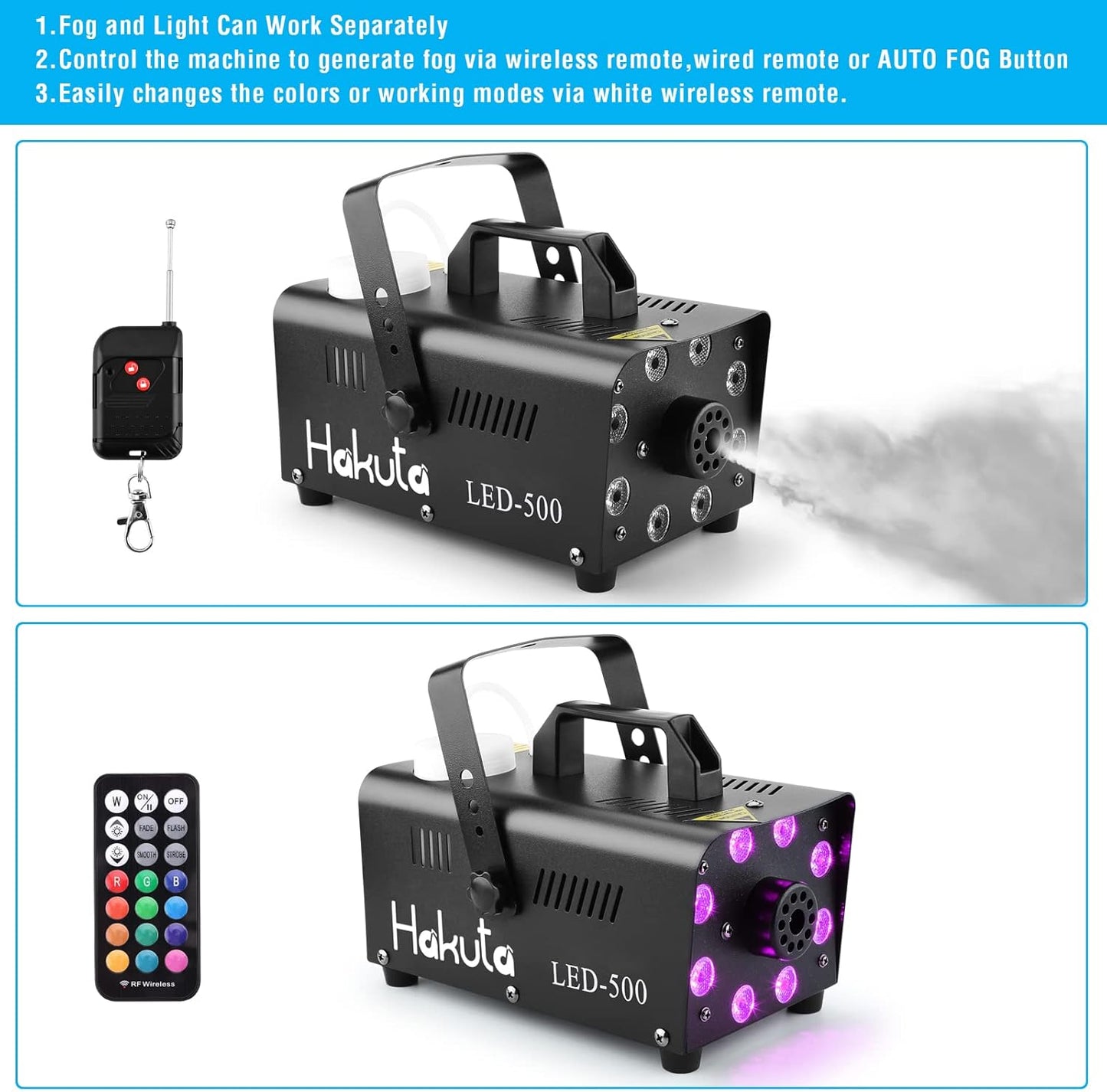 Like A New Fog Machine, HAKUTA Automatic Spray Smoke Machine with 8 LED Lights and 13 Colorful LED Lighting Effects, 500W and 2000CFM Fog LED Fog Machine, Perfect for Wedding, Christmas, Halloween, Performance