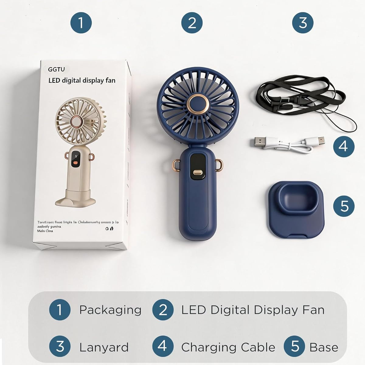 Handheld Fan, Mini Portable Fan USB Rechargeable, Small Pocket Fan 5 Speeds with Lanyard and Base, Built-in 1200mAh Battery USB Desk Fan Foldable for Office, Outdoor, Home, School