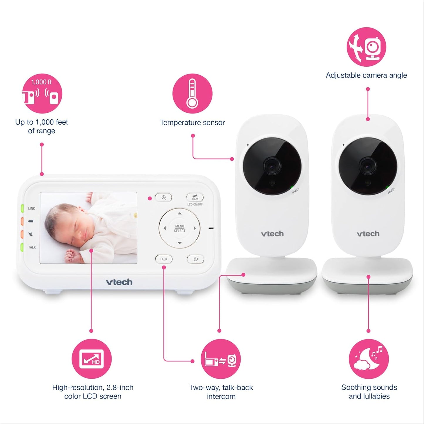 VTech VM3252-2 2.8” Digital Video Baby Monitor with 2 Cameras and Automatic Night Vision, White