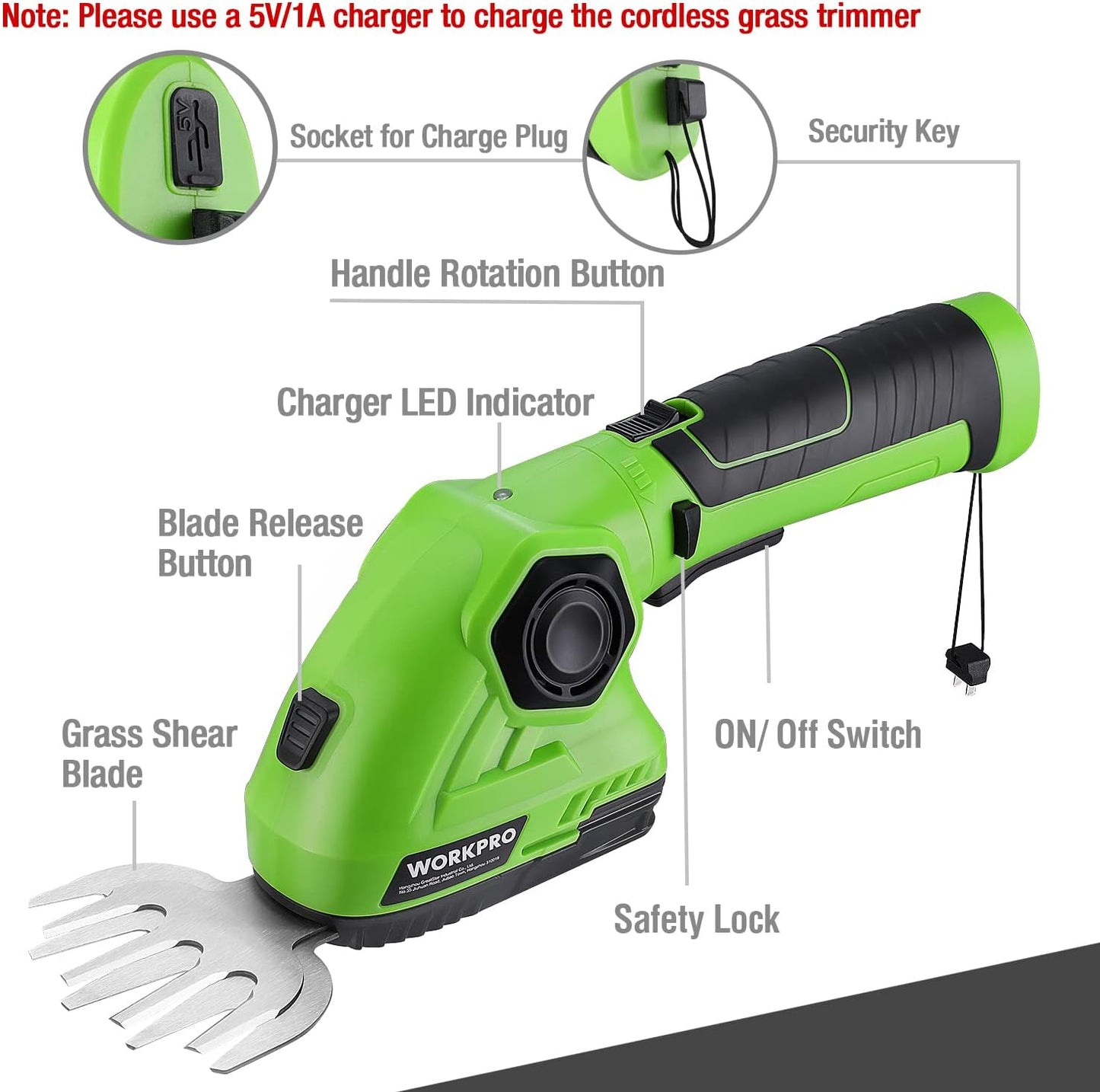 WORKPRO Cordless Grass Shear & Shrubbery Trimmer - 2 in 1 Handheld Hedge Trimmer 7.2V Electric Grass Cutter 2.0Ah Rechargeable Lithium-Ion Battery and USB Cable Included