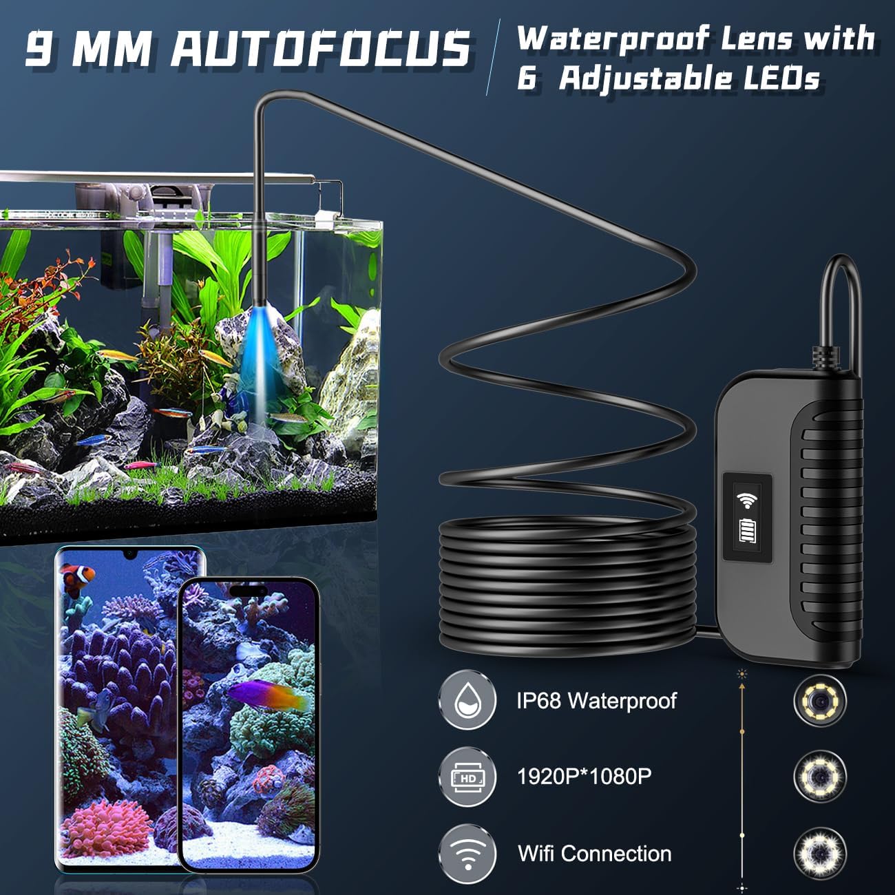 10m Endoscope Camera with Light for Mobile Phone 10M 1080P HD WIFI Autofocus with 10 LED IP68 Waterproof IP68 for IOS Android 9mm Channel Camera with Toolbox