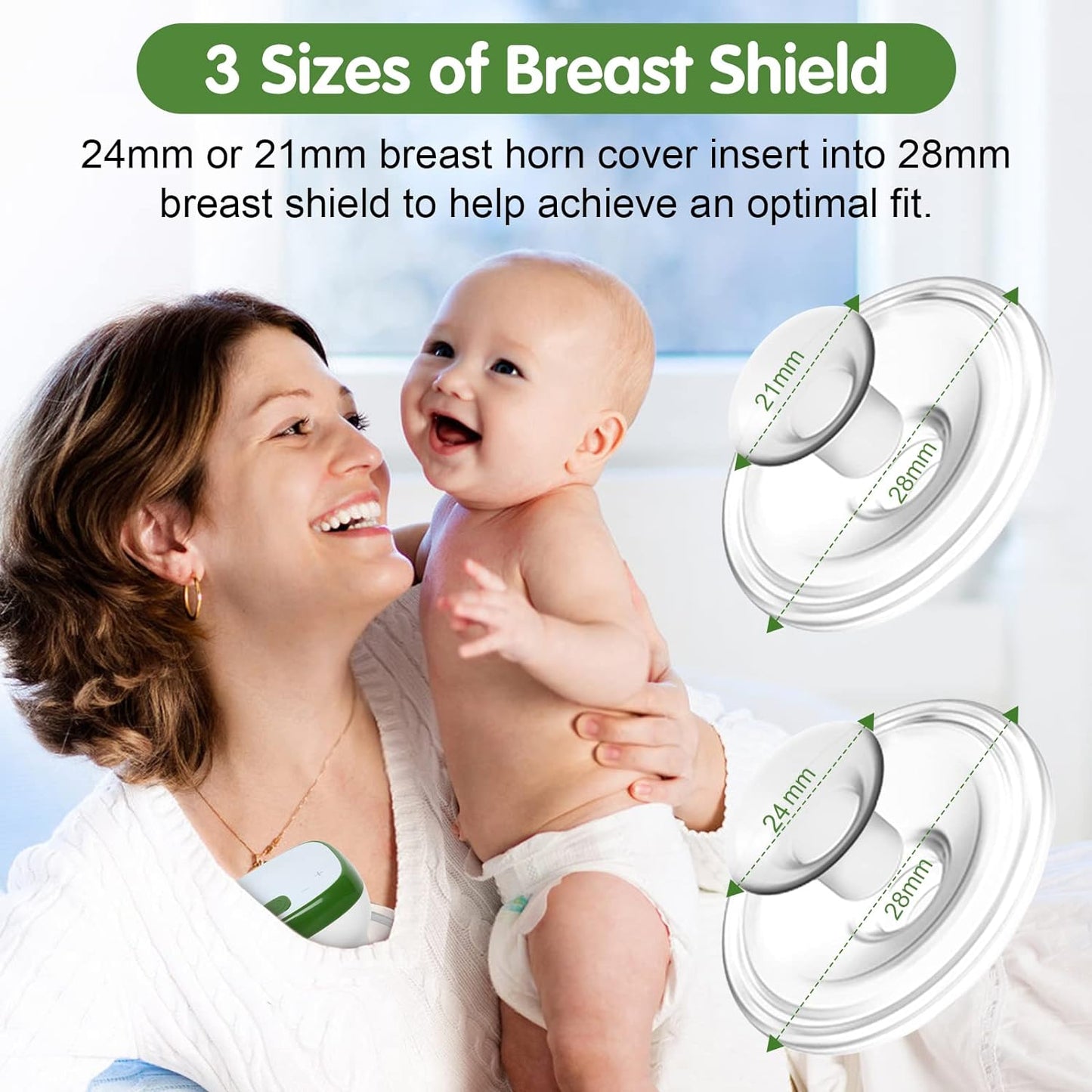 Breast Pump, Hands-Free Wearable Electric Breast Pump Portable Rechargeable LED Display Breastfeeding Breast Pump 3 Modes with 28mm 24mm 21mm Flanges (Green White)