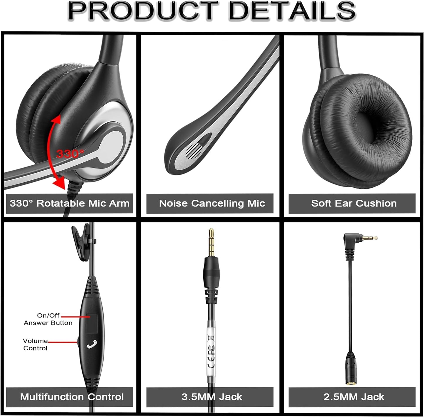 Wantek Cell Phone Headset with Microphone Noise Cancelling, Wired 3.5mm Computer Headphone for iPhone Samsung Android PC Laptop Tablet Skype Call Center Home Office, Ultra Comfort(F602J35)