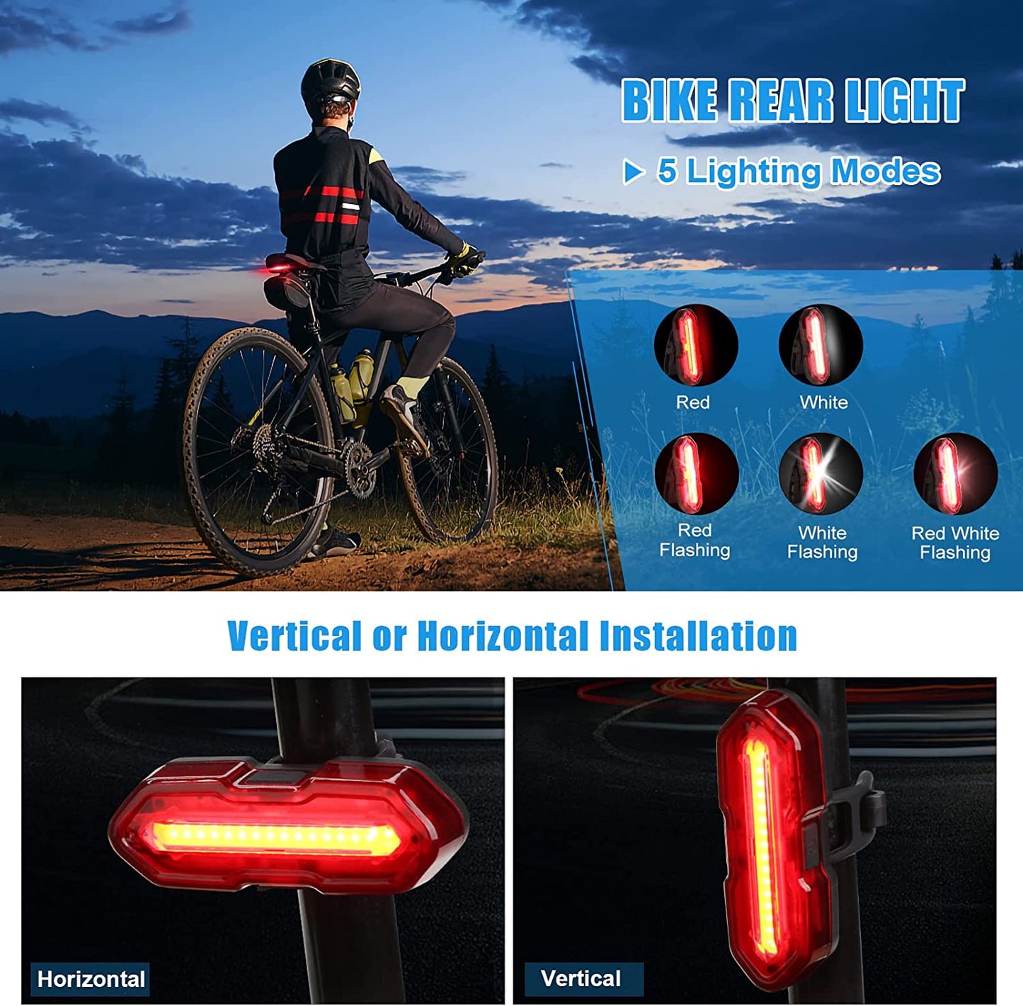 LED Bike Lights Set USB Rechargeable Bicycle Lights 6 Modes Cycle Lights Waterproof Bike Lights Front and Back Cycling Lights Mountain Bike Light MTB Light Road Bike E-Bike Accessories with Buzzer