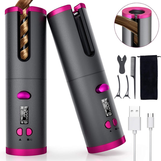 Fezax Cordless Auto Hair Curler, Automatic Curling Iron with LCD Display Adjustable Temperature & Timer, Portable Rechargeable Rotating Ceramic Barrel Curling Wand Fast Heating for Hair Styling