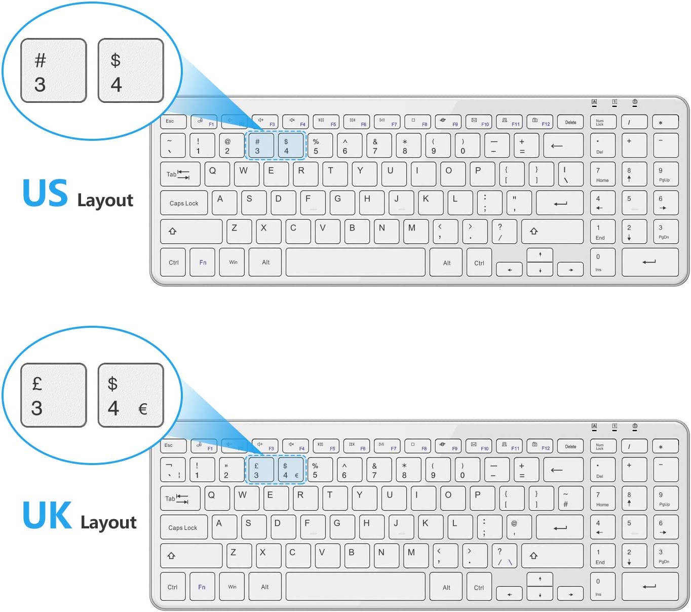 OMOTON Wireless Keyboard 2.4G Wireless Keyboard for Windows 10 8 7 UK QWERTY with USB Receiver, Ultra Slim Numeric Keyboard for Computer Desktop PC Laptop Silver