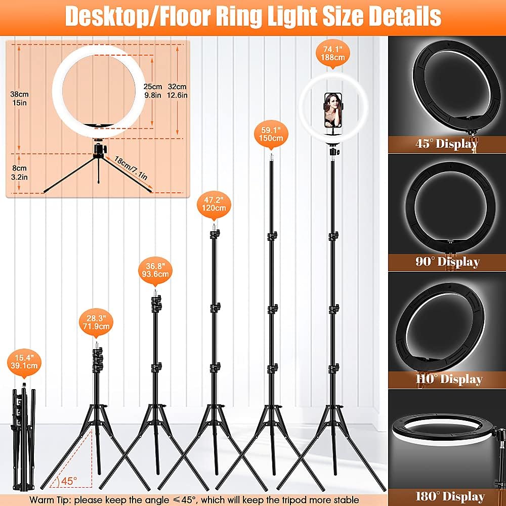 12.6'' Ring Light with Stand and Phone Holder: Totally 74" Tall Led Ringlight Tripod with 40 Color Modes, Floor and Desktop Stand with Circle Lights for Makeup Video Meeting Live Stream