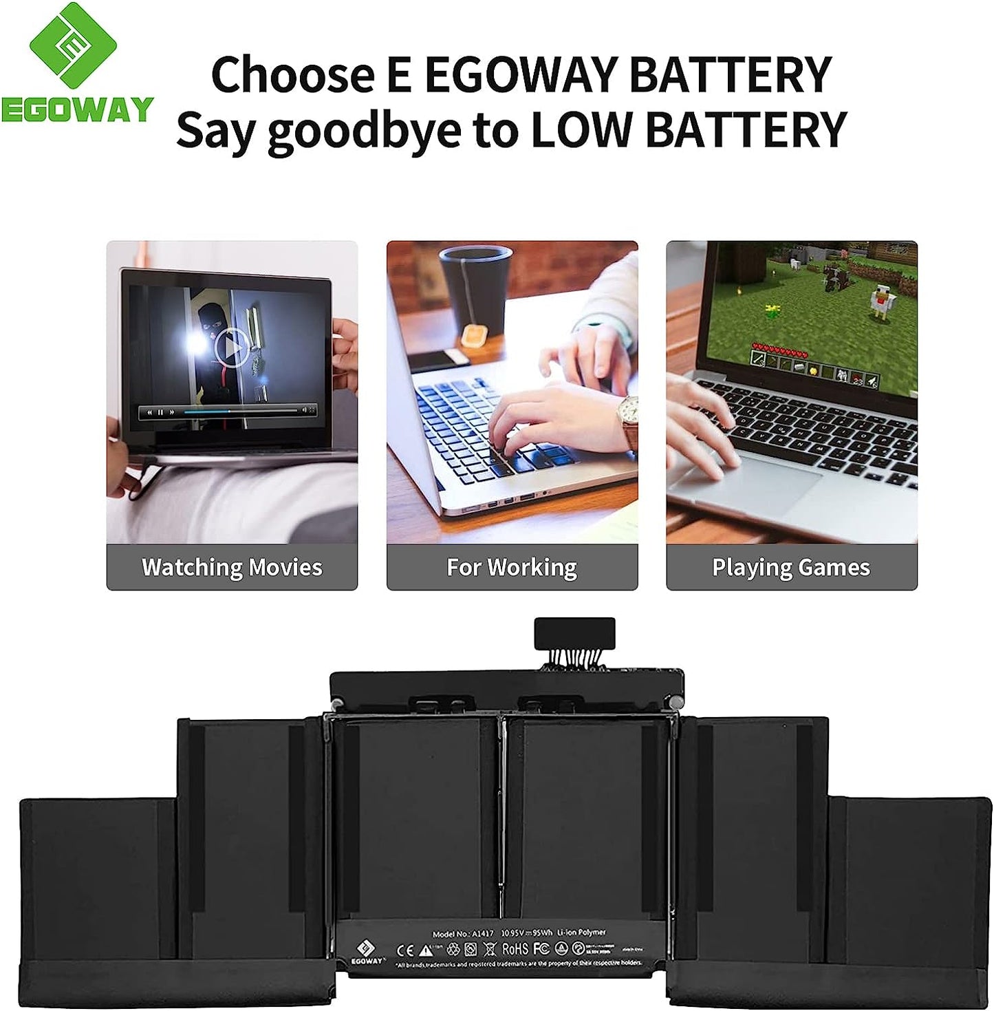 E EGOWAY A1417 Laptop Battery Replacement Compatible with MacBook Pro 15 inch Retina A1398 Mid 2012 Early 2013, fits ME665LL/A ME664LL/A MC976LL/A MC975LL/A