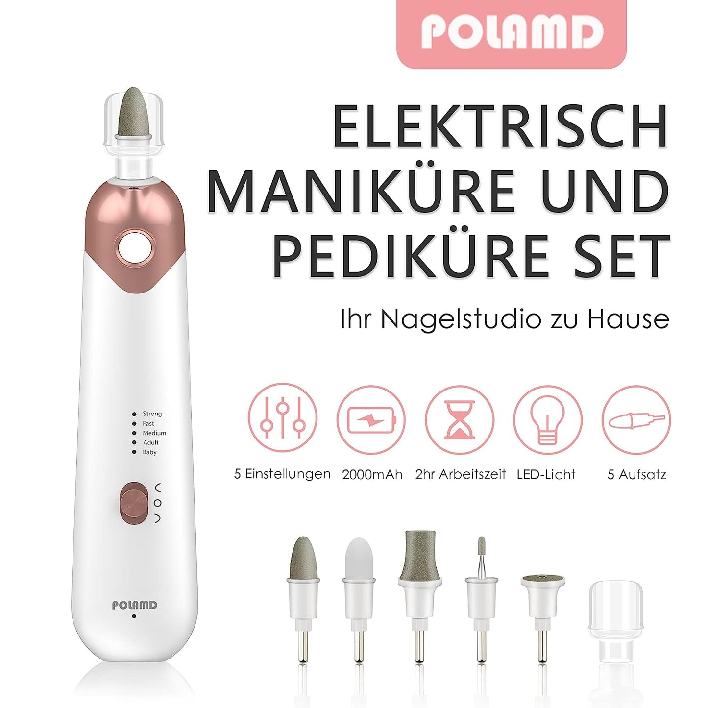 POLAMD Manicure Set Electric Wireless Pedicure Set with Battery Rechargeable, Electric Nail File, LED Light, 5 Speed Levels