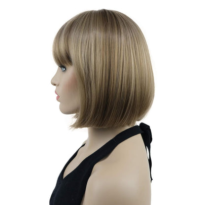 Lydell 8" Straight Short Bob Hair Flat Bangs Cute Central Dot Skin Top Heat Resistant Synthetic Wigs (14-24 Lt Golden Brown)