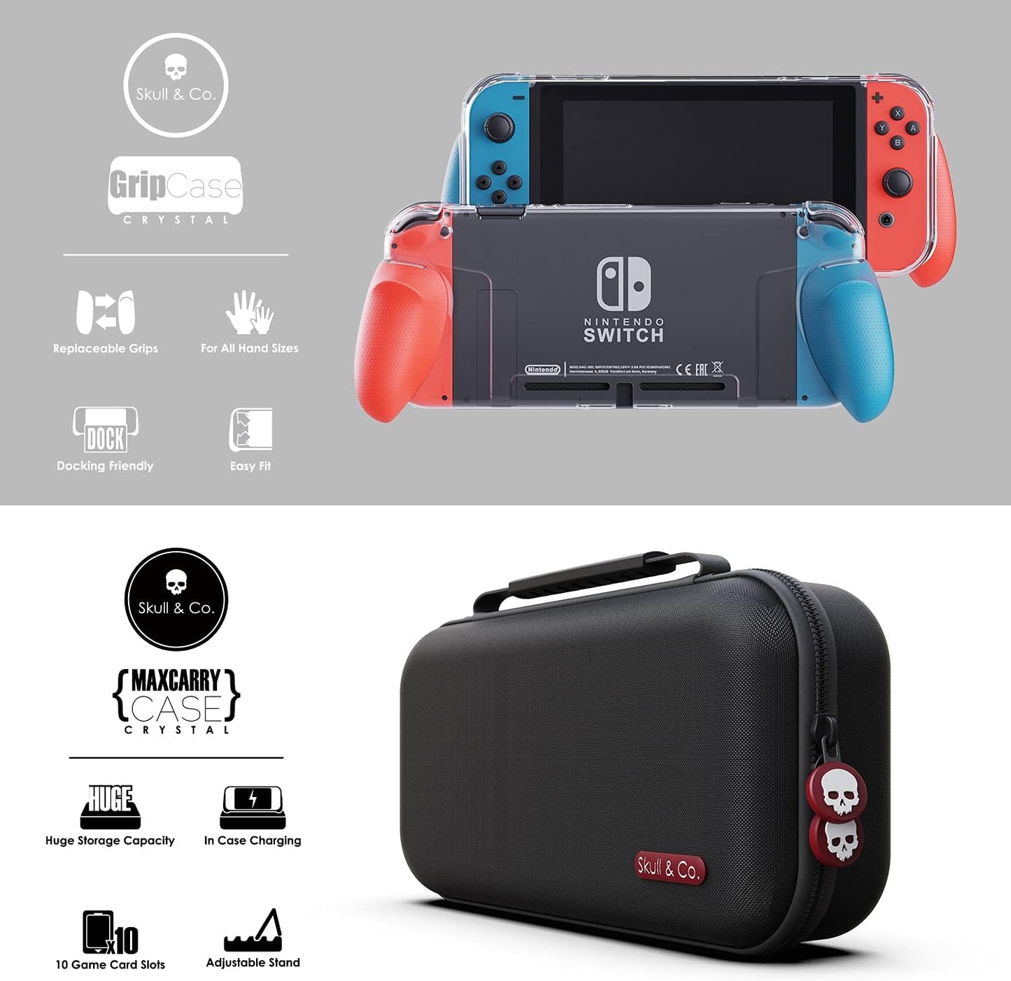 Skull & Co. GripCase Crystal Bundle: A Dockable Transparent Protective Cover Case with Replaceable Grips [to fit All Hands Sizes] for Nintendo Switch -Neon Red & Blue