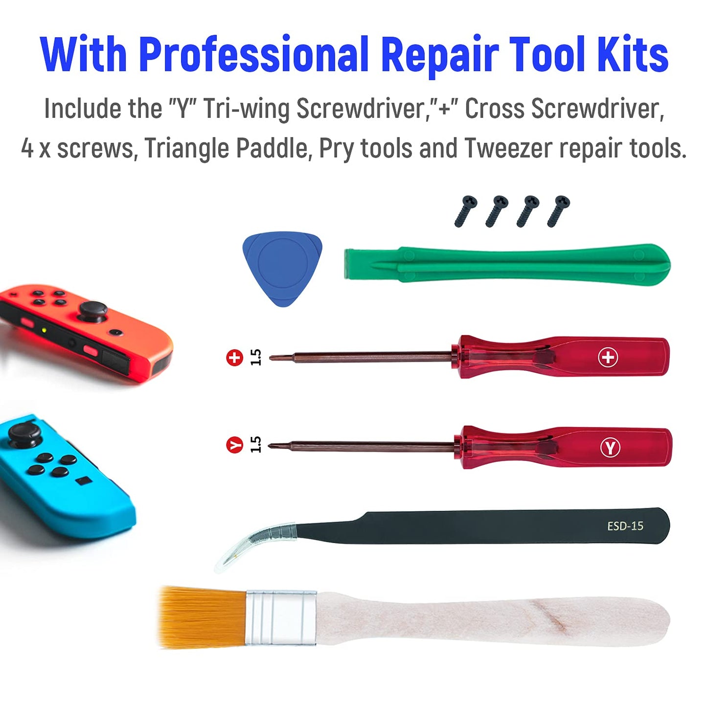 Mcbazel 18 in 1 Replacement Repair Kit for N-Switch Joy-Con with Screwdrivers Opening Tool, 3D Left Right Analog Joysticks, Buckle Lock, Charging Port Slider, Button Sync Flex Cable Set