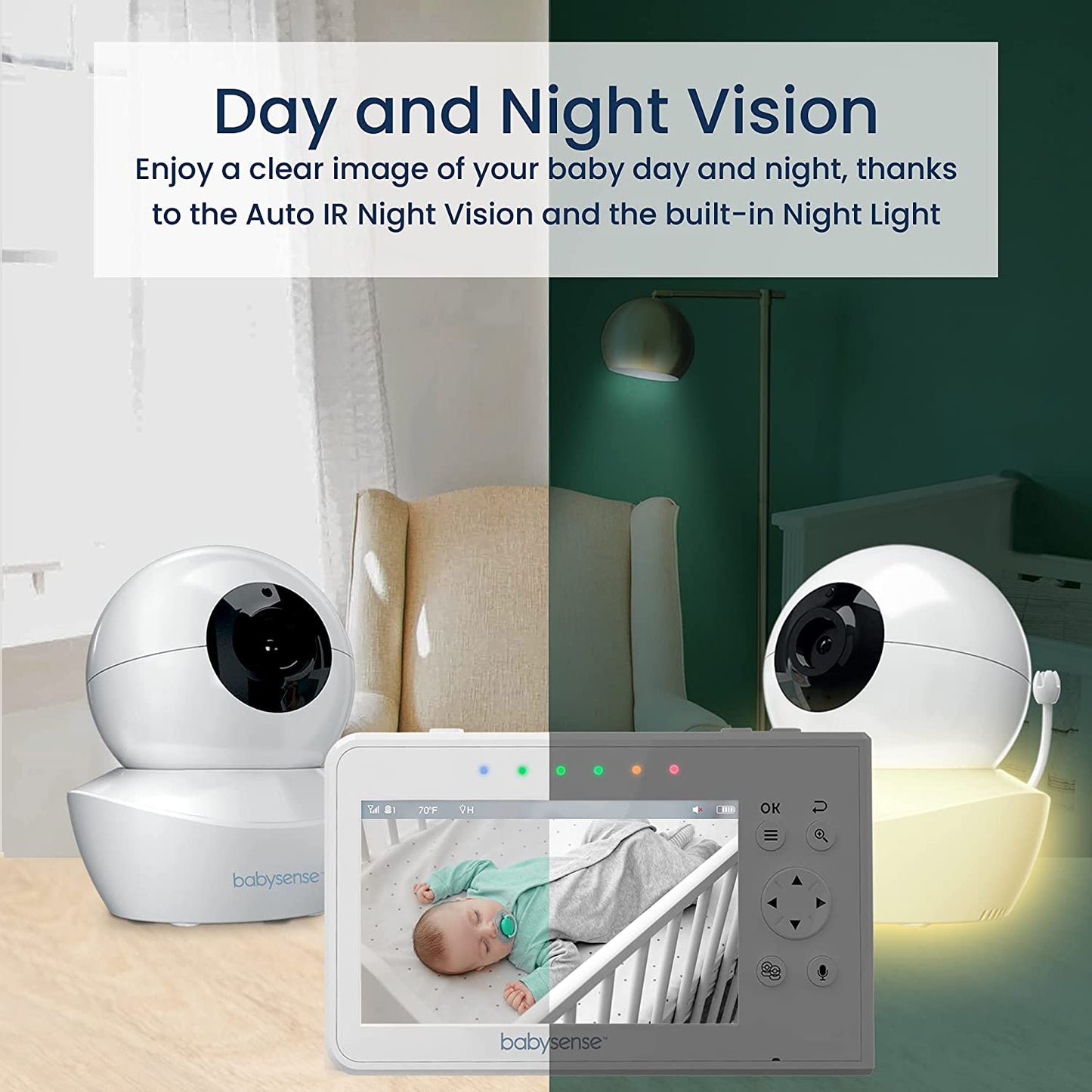 Babysense Baby Monitor, 4.3" Split Screen, Video Baby Monitor with Cameras and Audio, Remote PTZ, 960ft Range (Open Space), Adjustable Night Light, Two-Way Audio, Zoom, Night Vision, Lullabies