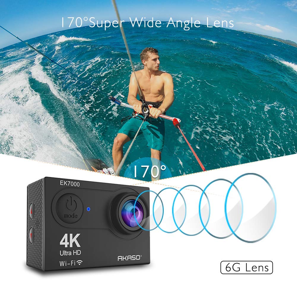 AKASO EK7000 4K WiFi Action Camera 30M Underwater Waterproof Camera 170° Wide Angle Sports Camera with 2 Batteries and Helmet Accessories Kit