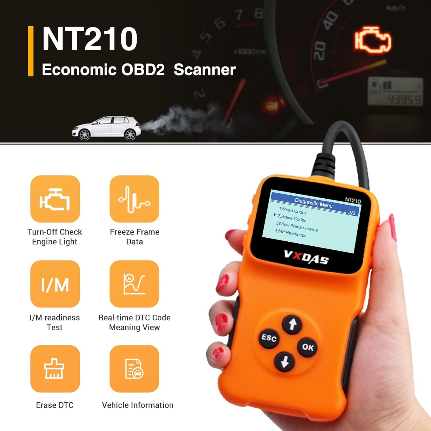 VXDAS OBD2 Scanner, NT210 Enhanced OBD II Auto Code Reader Check Engine Light CAN Car Diagnostic Scan Tool 2023