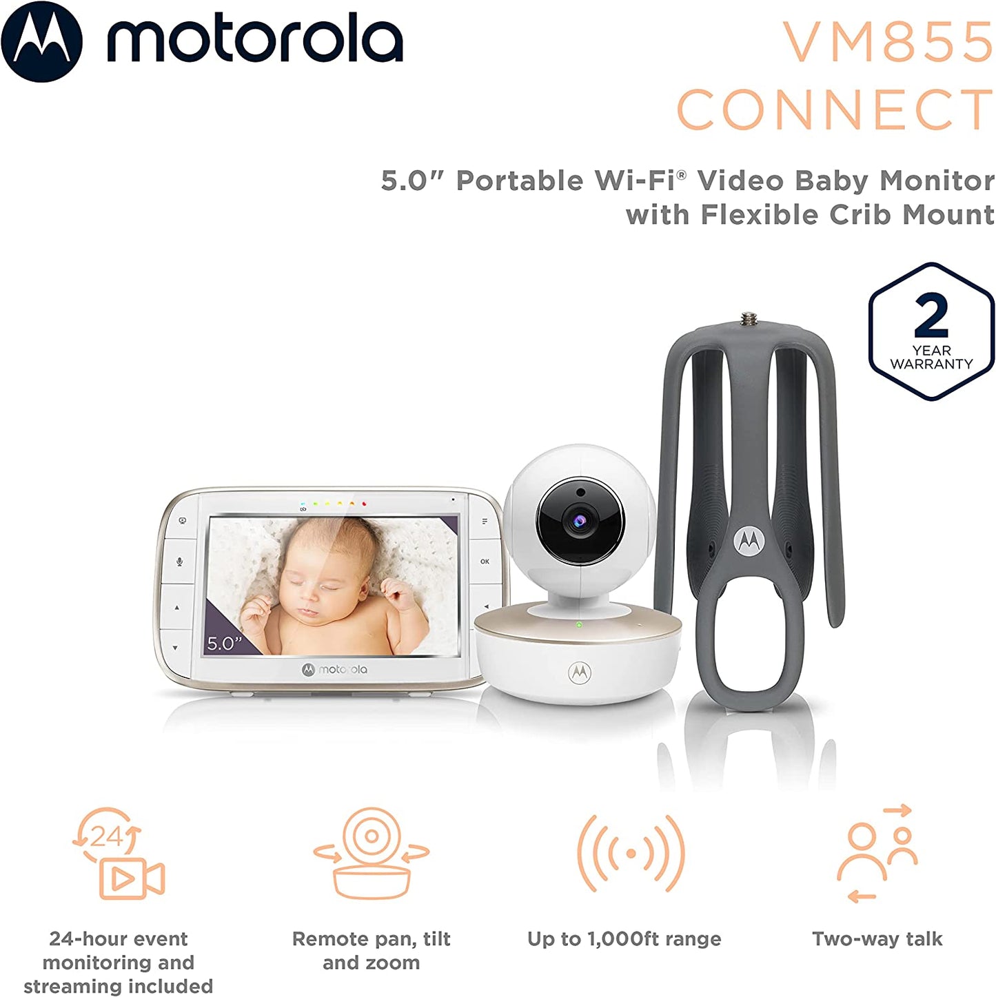 Motorola Baby Monitor VM855-5" WiFi Video Baby Monitor with Camera and Crib Mount, HD 720p - Connects to Smart Phone App, 1000ft Range, Two-Way Audio, Remote Pan-Tilt, Digital Zoom, Room Temp, Music