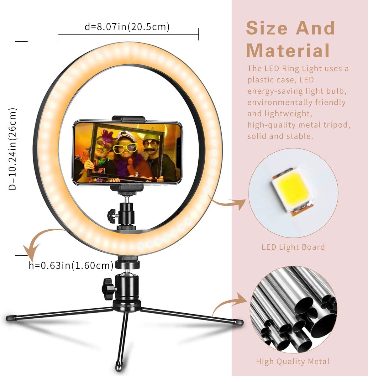 LED Ring Light 10" with Tripod Stand & Phone Holder for Live Streaming & YouTube Video, Dimmable Desk Makeup Ring Light for Photography, Shooting with 3 Light Modes & 10 Brightness Level